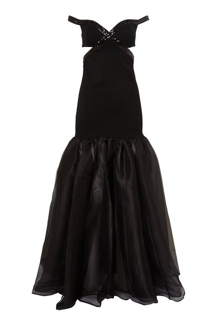 فستان إيمالين طويل بأكتاف مكشوفة