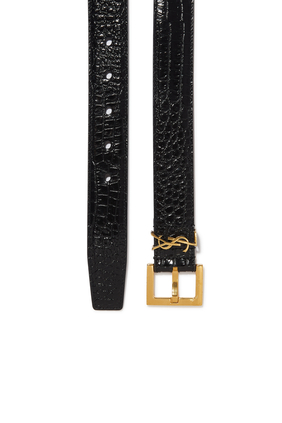 Monogram Belt with Square Buckle In Crocodile Embossed Leather