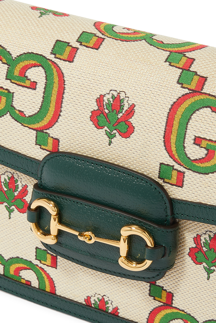 حقيبة غوتشي 100 صغيرة بحلية لجام حصان 1955 جاكار بلونين بيج وأخضر