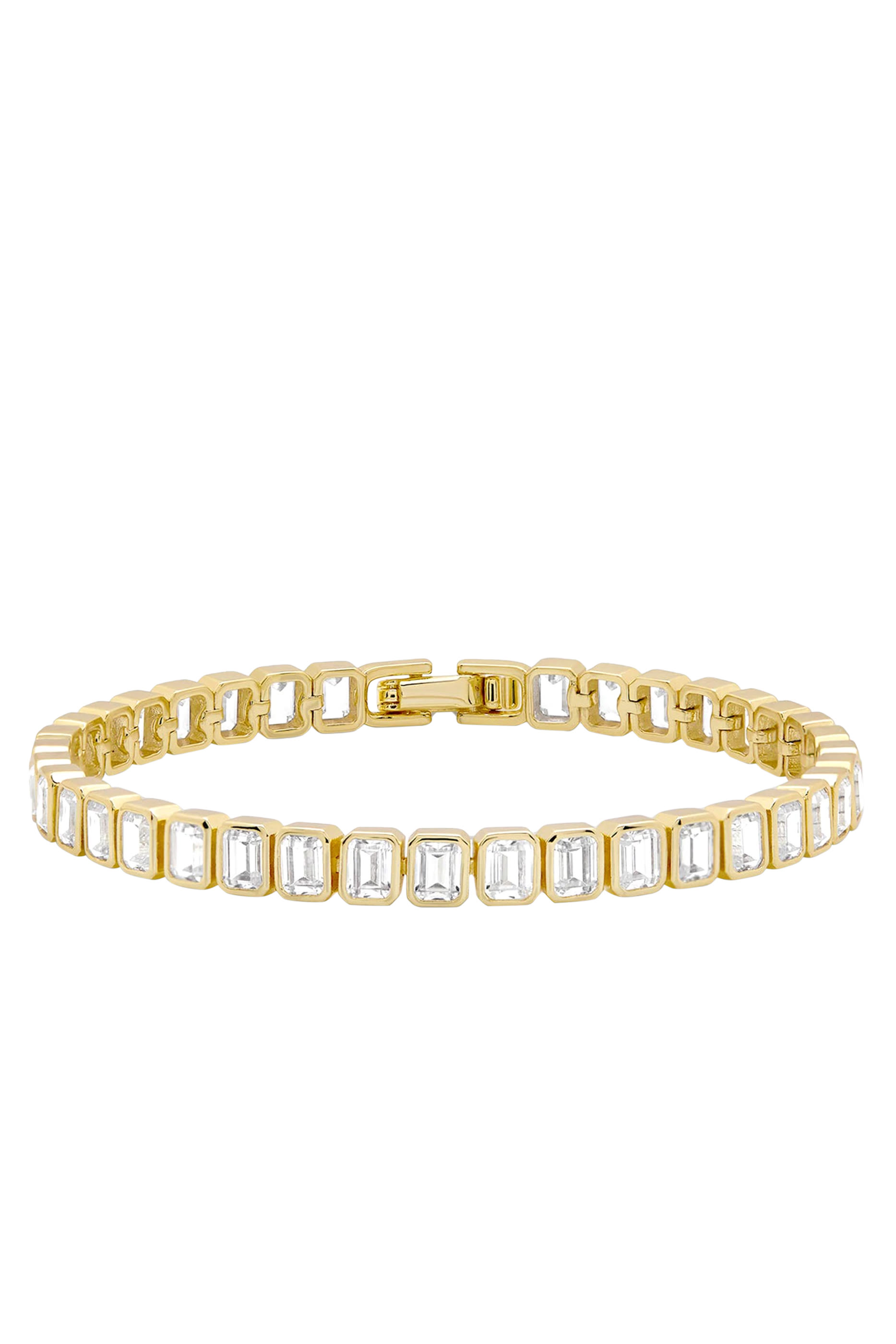 سوار تنس مرصع بأحجار زركونيا مستطيلة فضة إسترلينية مطلية ذهب عيار 14