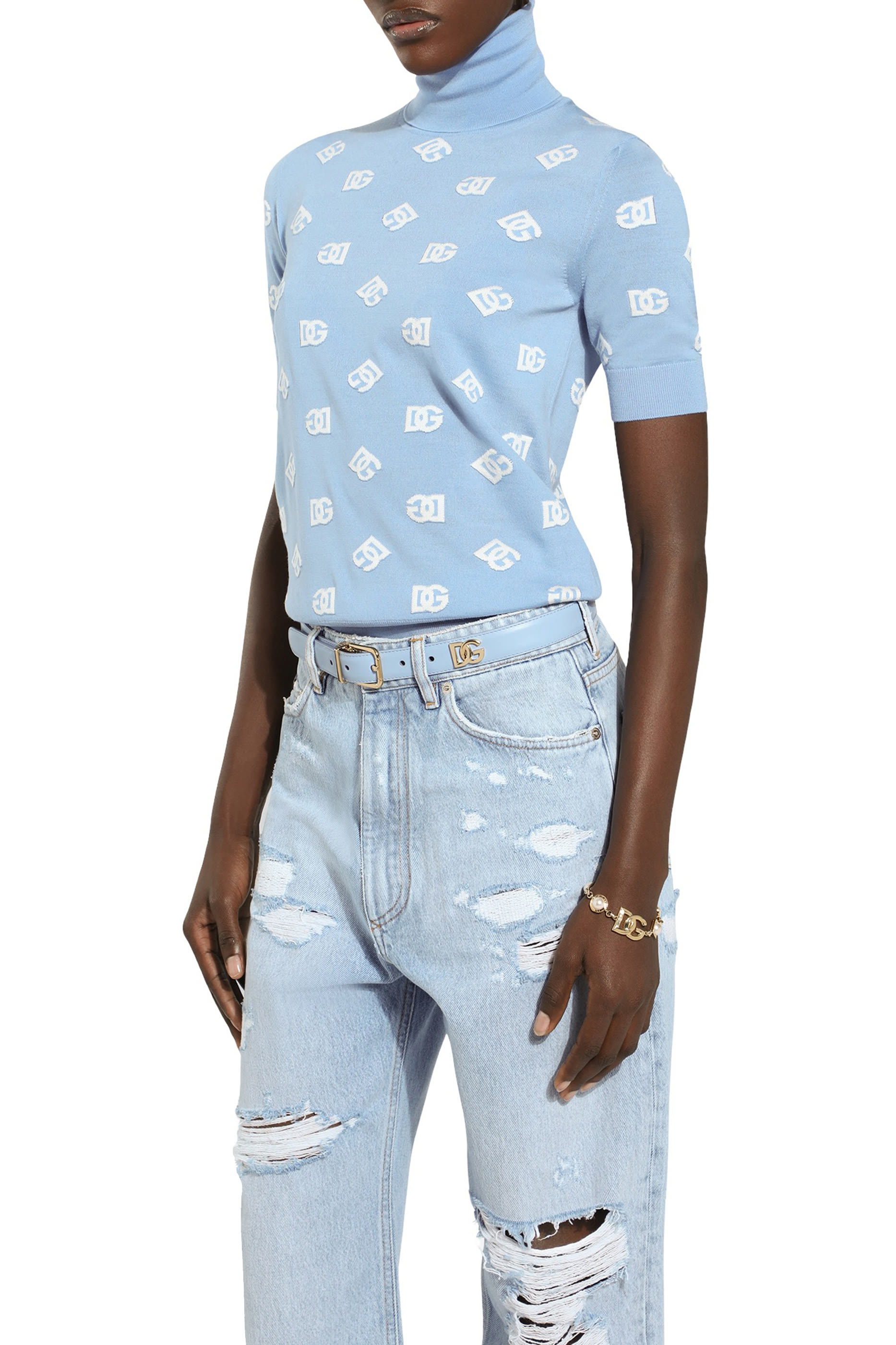 كنزة بنقشة شعار الماركة بلمسة جاكار صوف وحرير