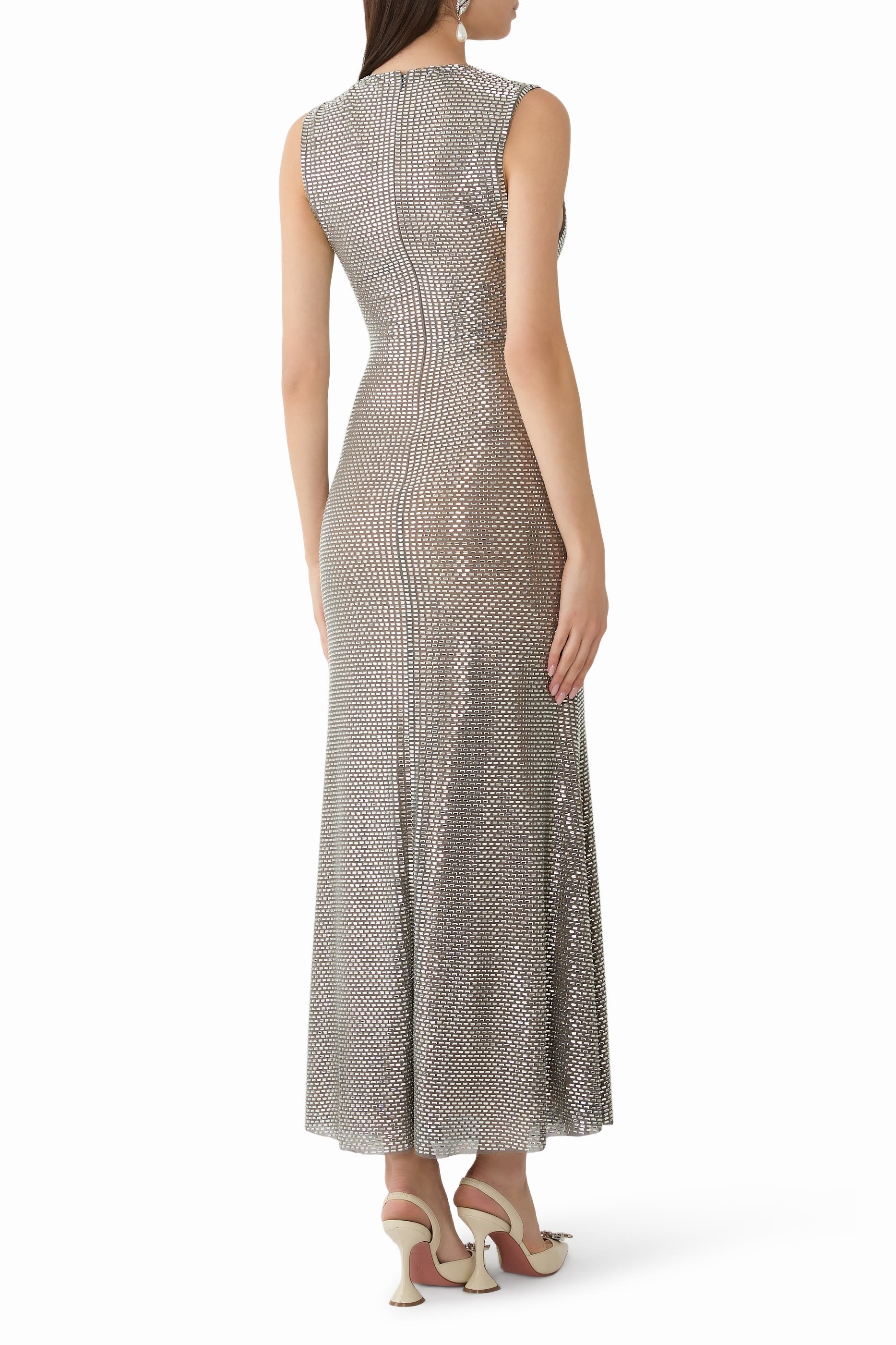 فستان متوسط الطول قماش شبكي بأحجار الراين