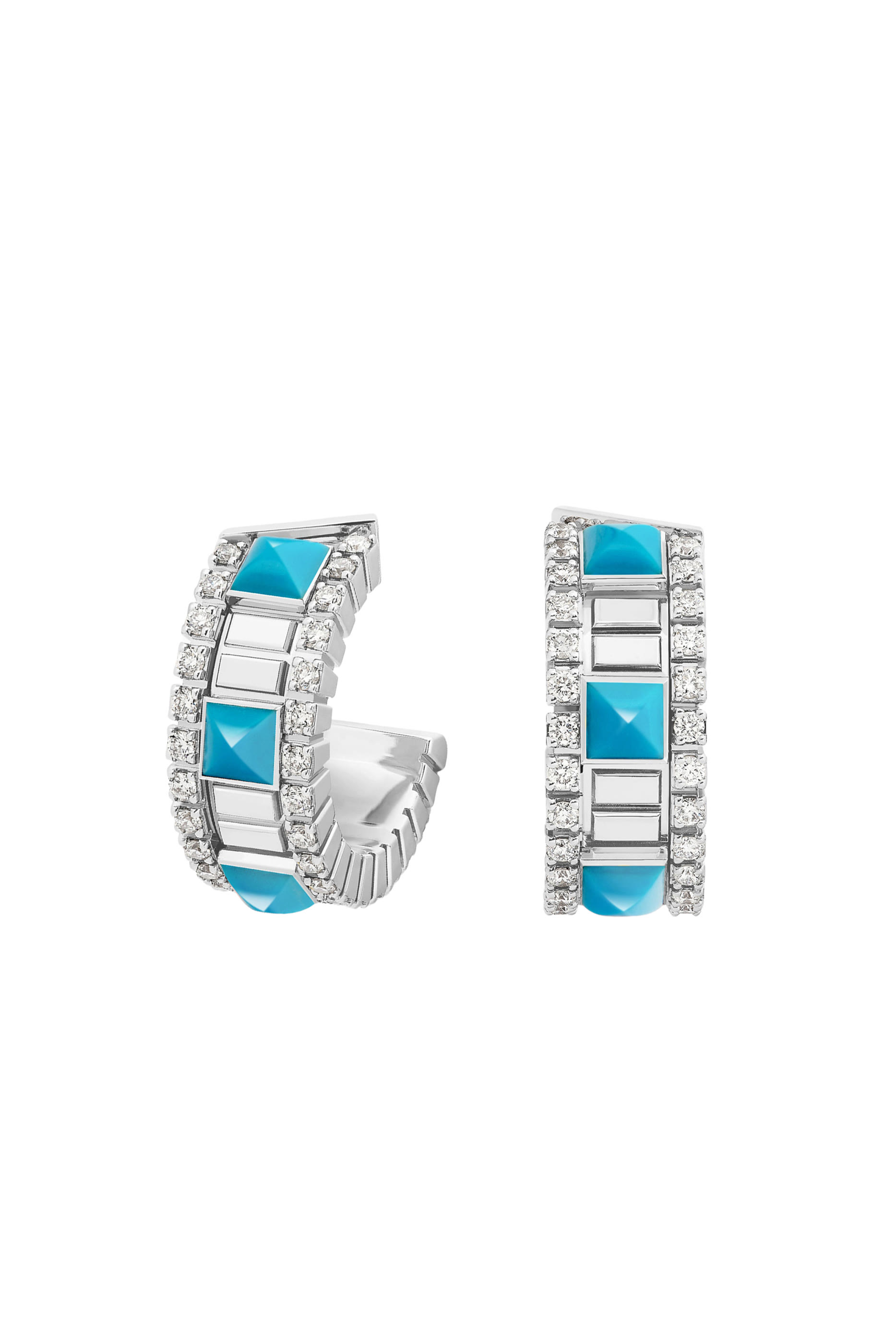 أقراط لايف دائرية مرصعة بالماس والفيروز ذهب أبيض عيار 18