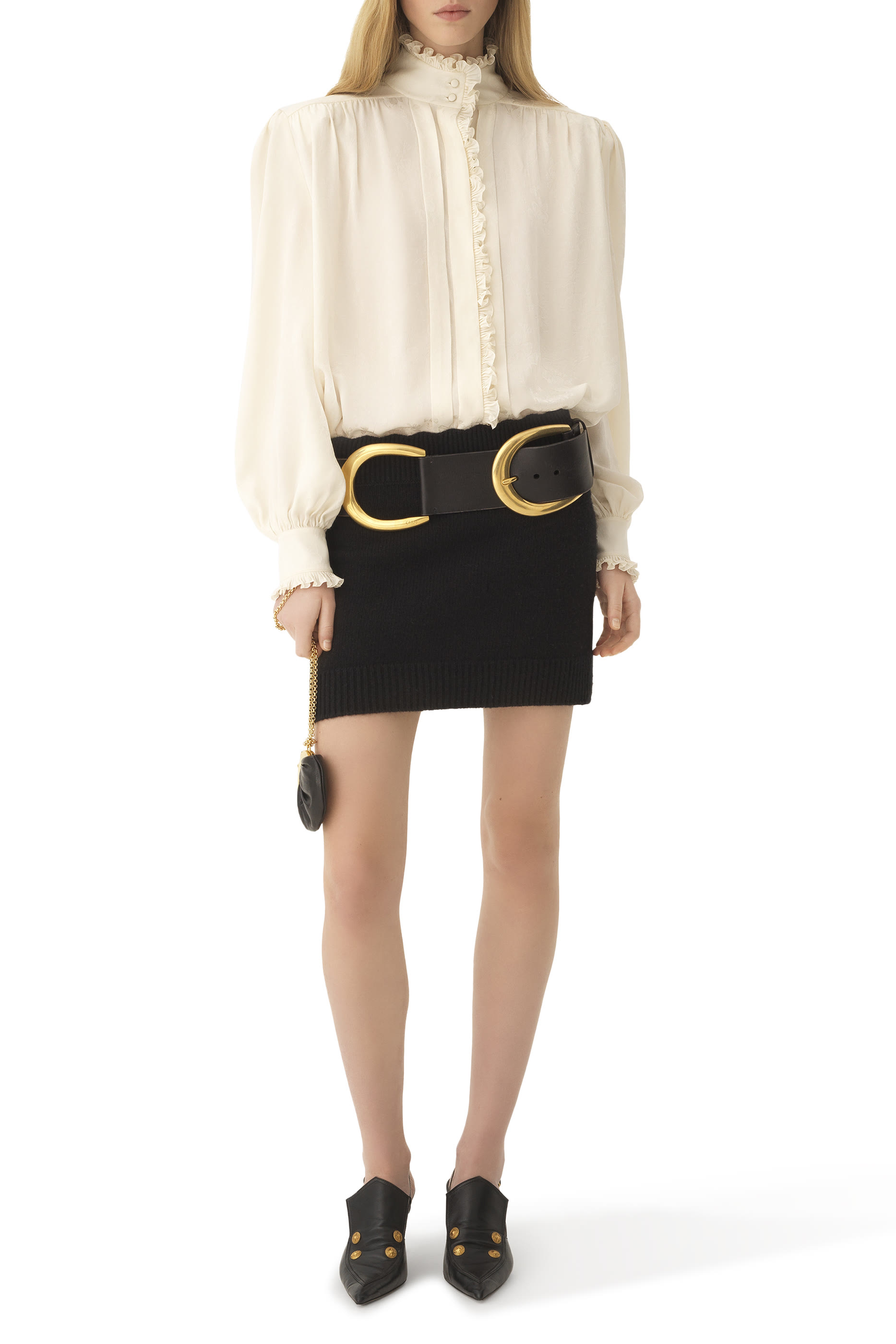 بلوزة بقصة فضفاضة وكشكش حرير جاكار