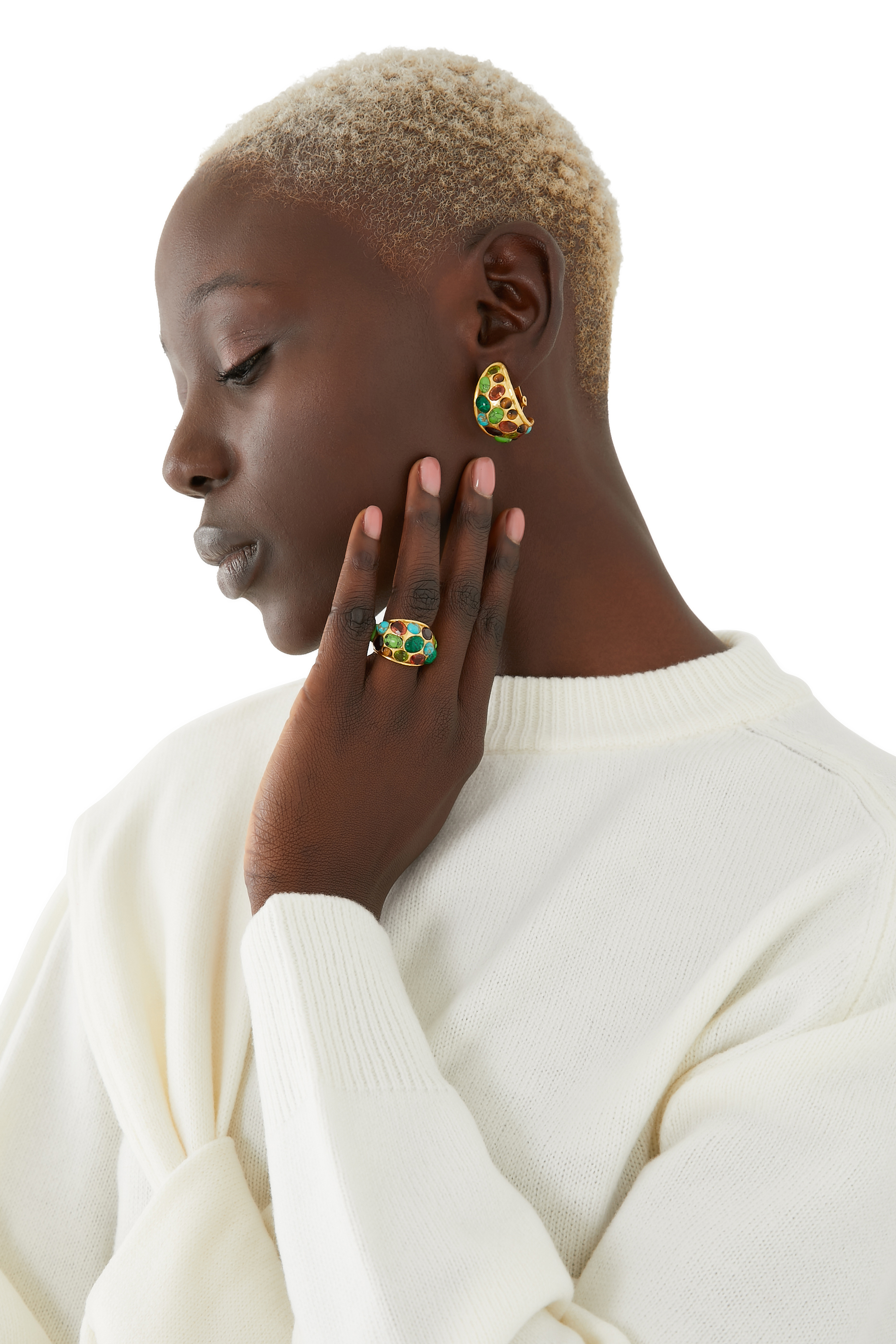 خاتم أليسيا مرصع بالفيروز والكوارتز نحاس مطلي بذهب أصفر عيار 24