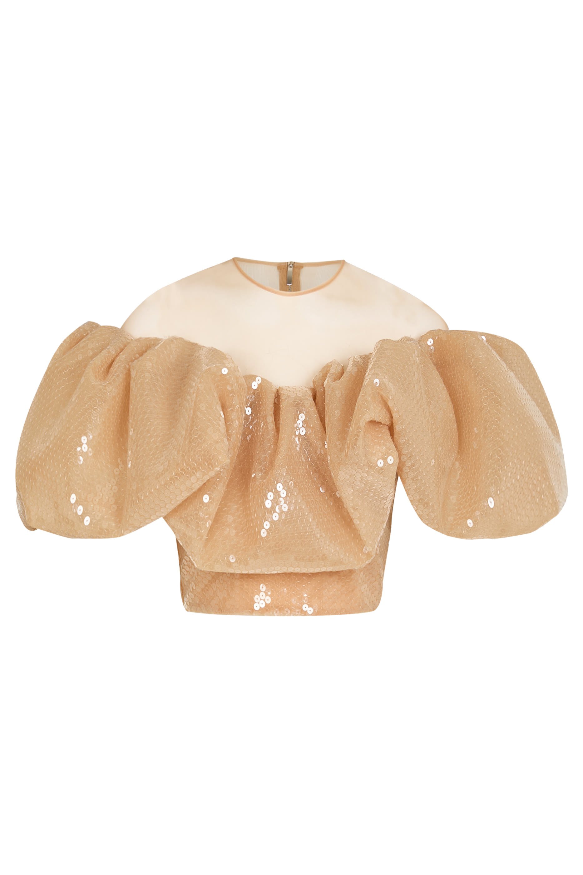 بلوزة قصيرة بأكمام منفوخة وأكتاف مكشوفة وترتر