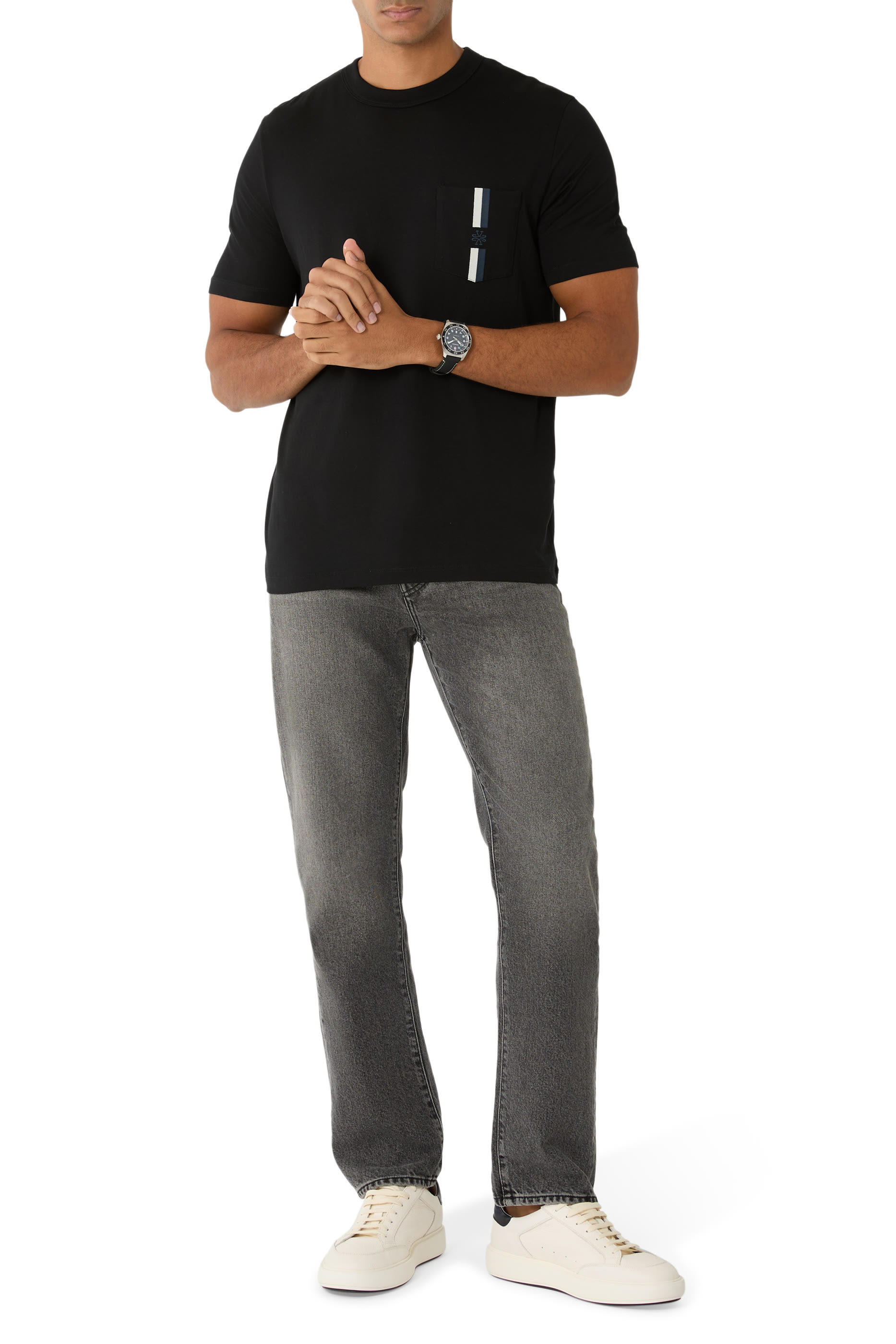 تيشيرت بياقة ضيقة وجيب على الصدر قطن جيرسيه