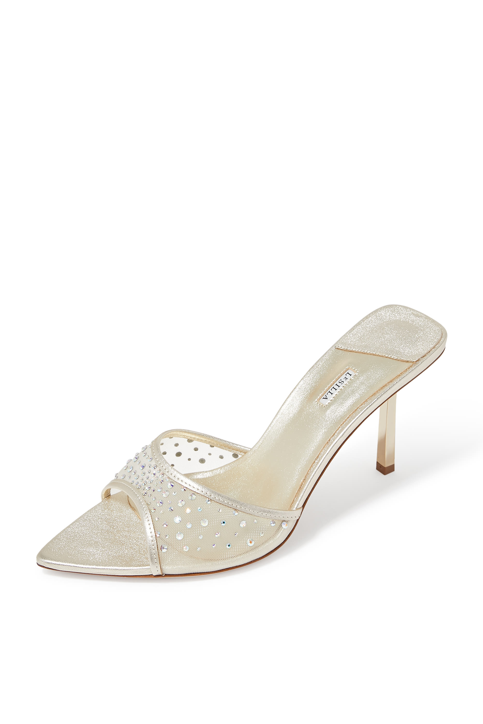 حذاء نيكول 80 مفتوح من الخلف قماش شبكي بأحجار براقة