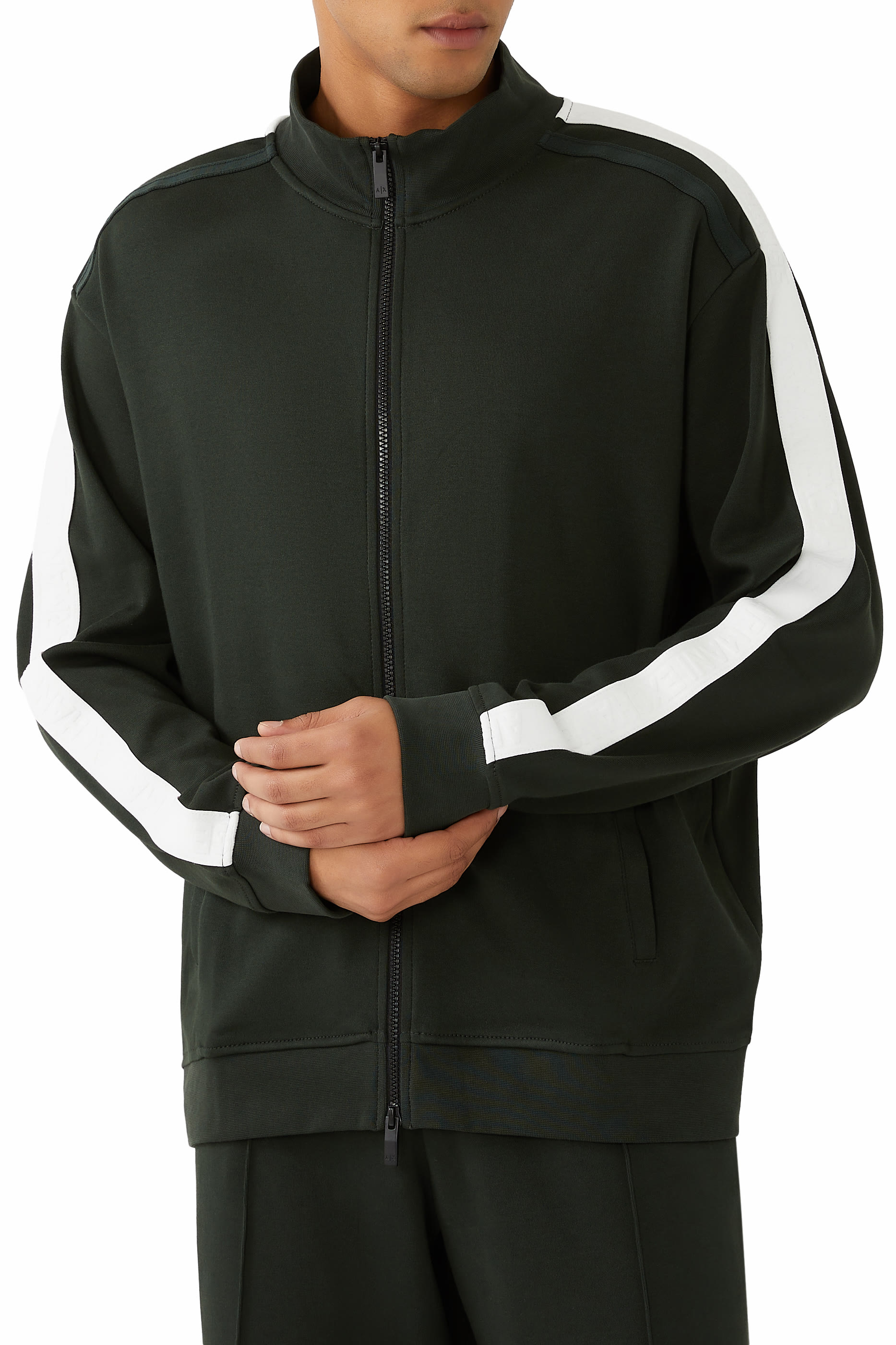 سويت شيرت بسحاب كامل وأشرطة وشعار الماركة