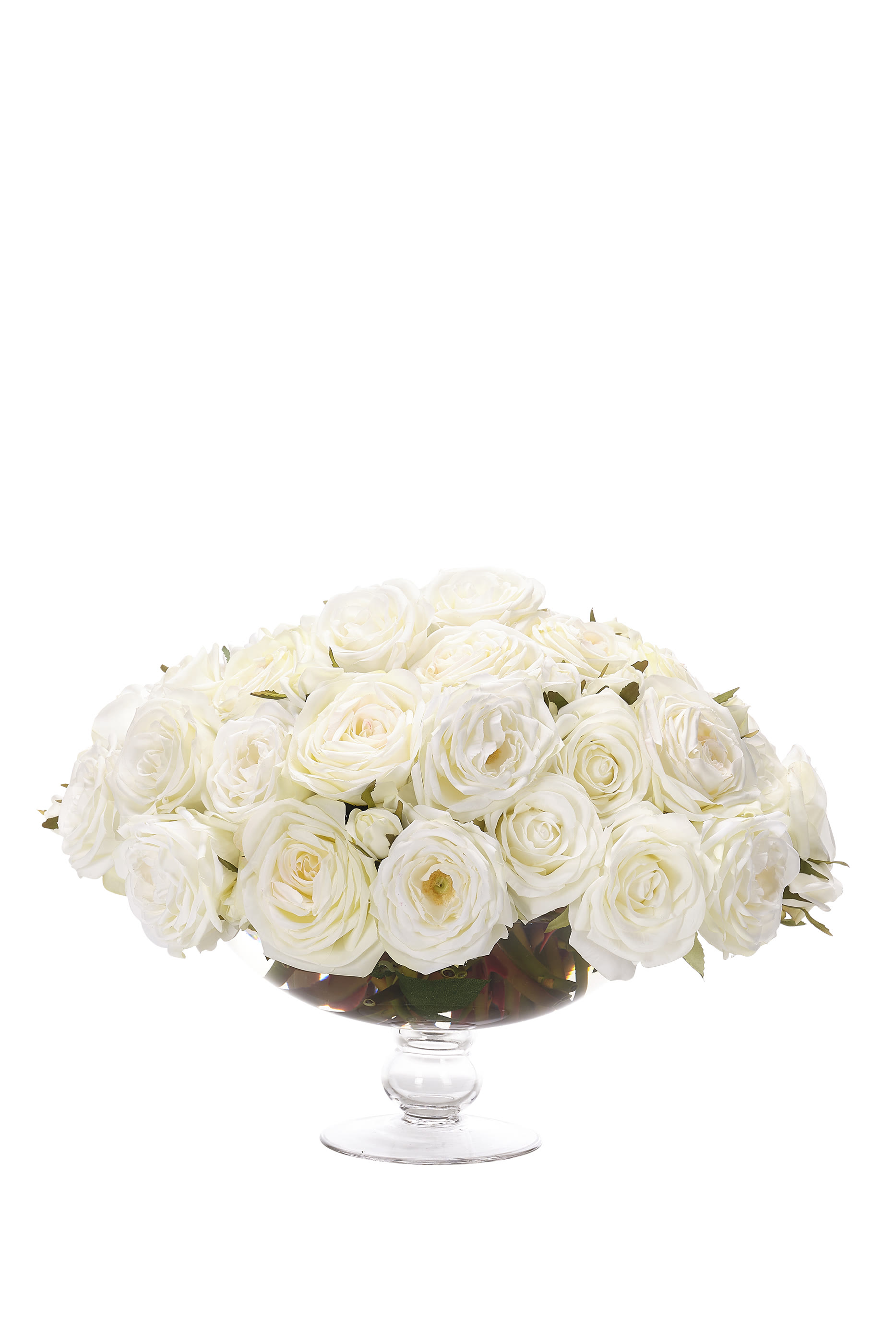 باقة زهور في مزهرية شفافة بقاعدة