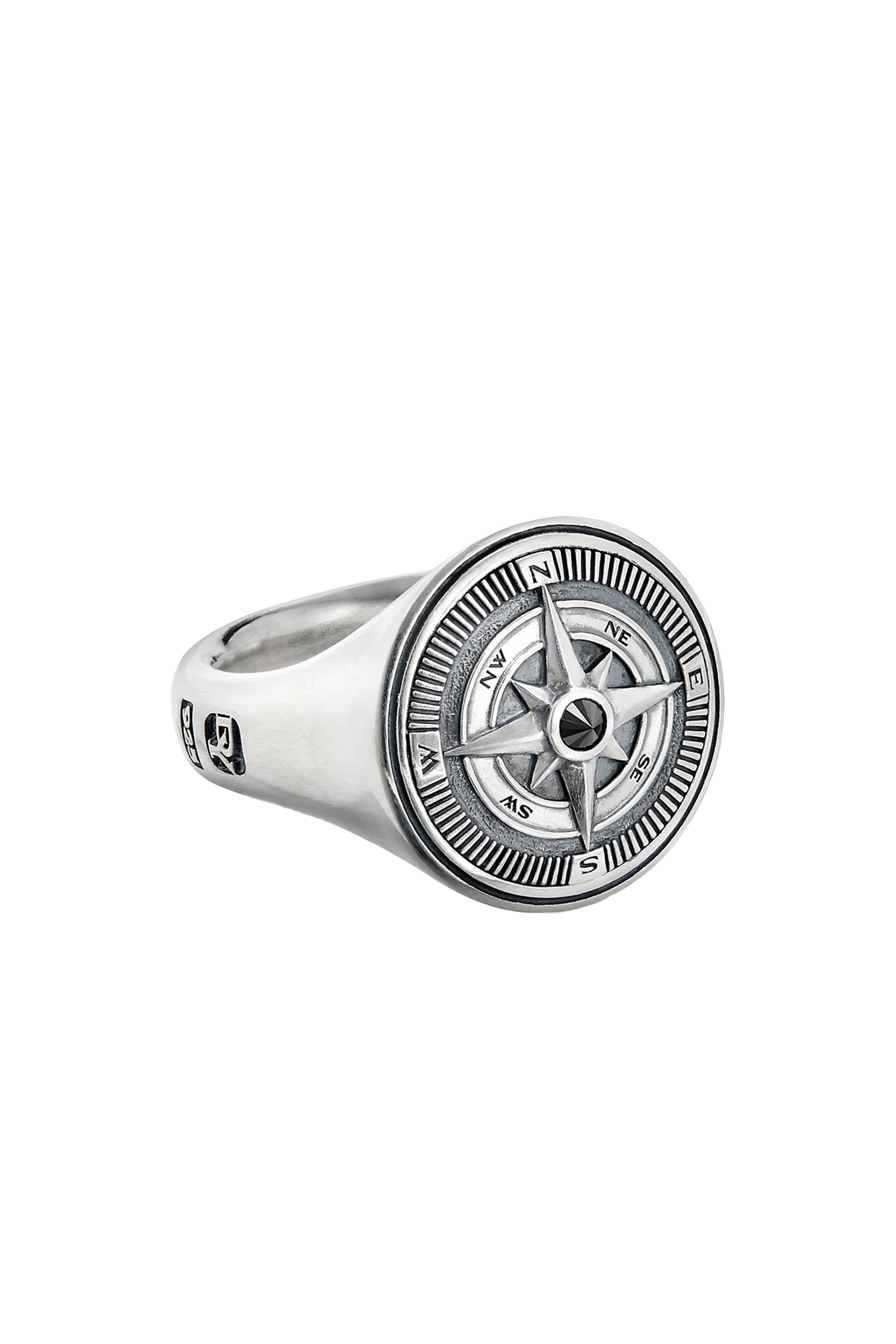 خاتم مارتايم بتصميم بوصلة مرصع بالماس الأسود فضة إسترلينية