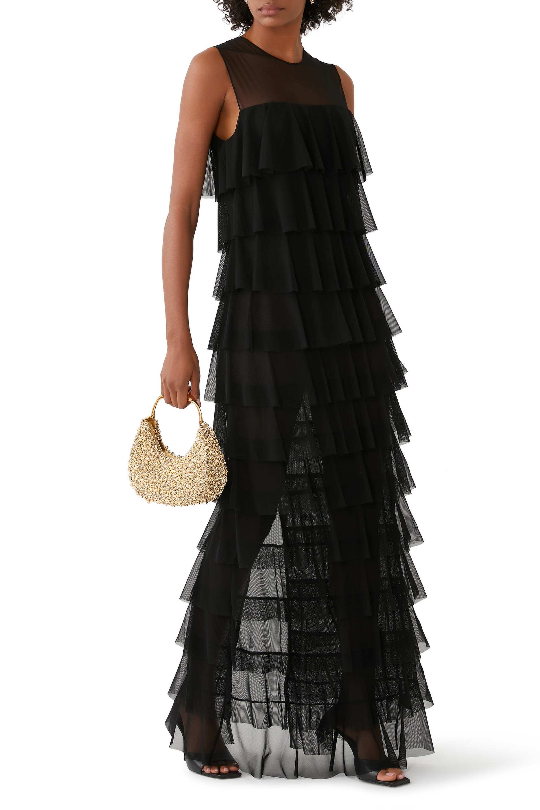 فستان سهرة بلا أكمام بتصميم متدرج بكشكش