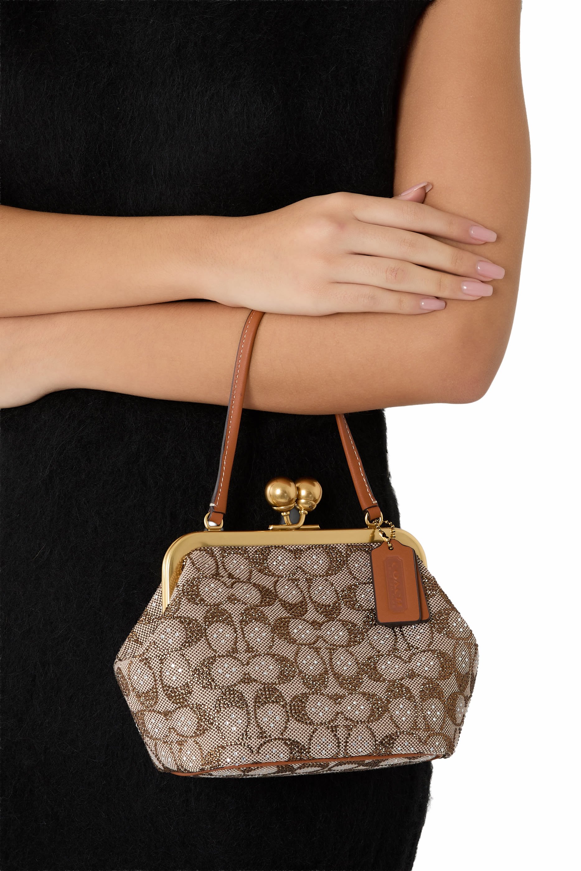 حقيبة فريم 16 مرصعة بكريستال جاكار بشعار الماركة ومشبك متقاطع