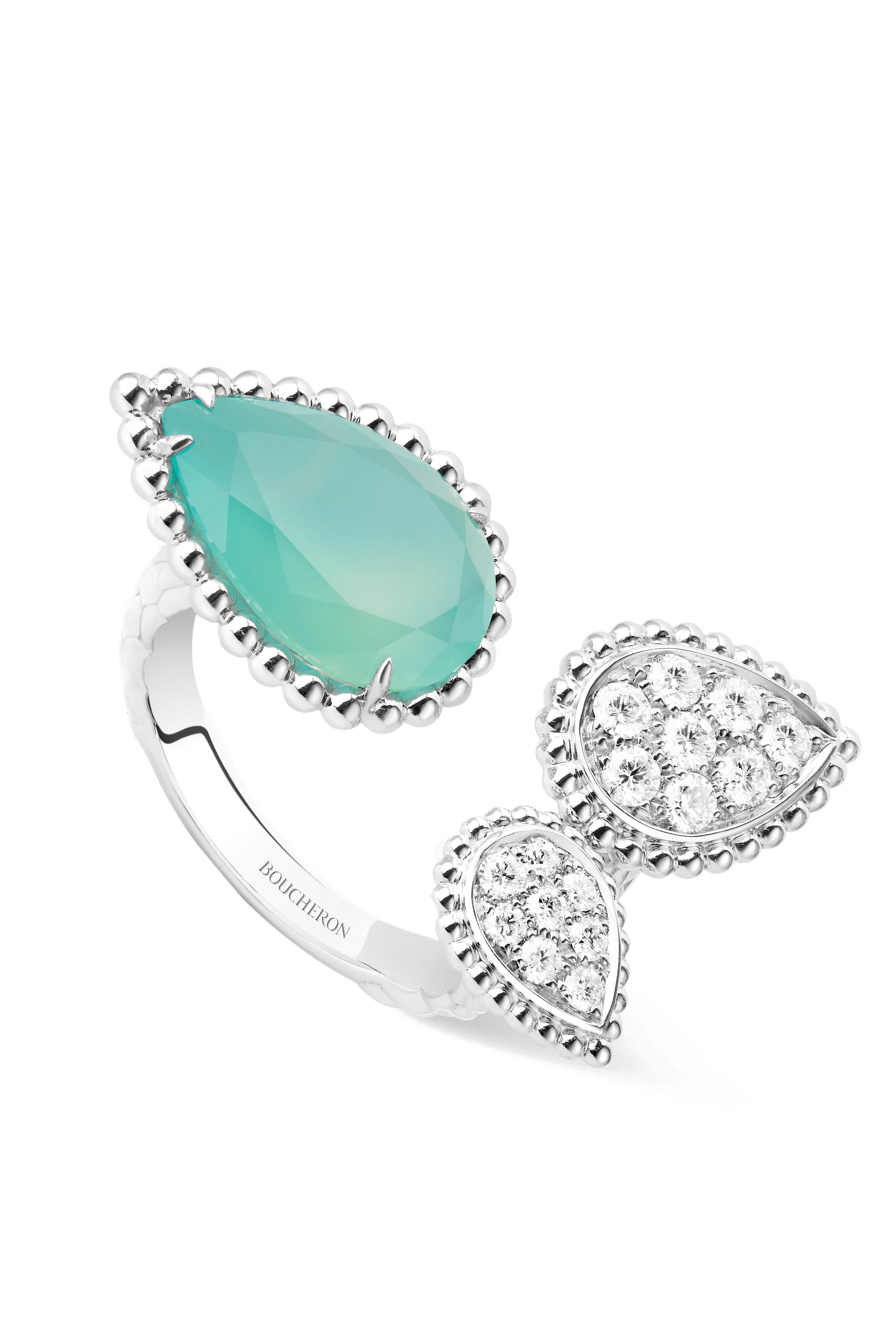 خاتم سيربنت بوهيم مرصع بالماس وحجر أكوابرايز ذهب أبيض عيار 18