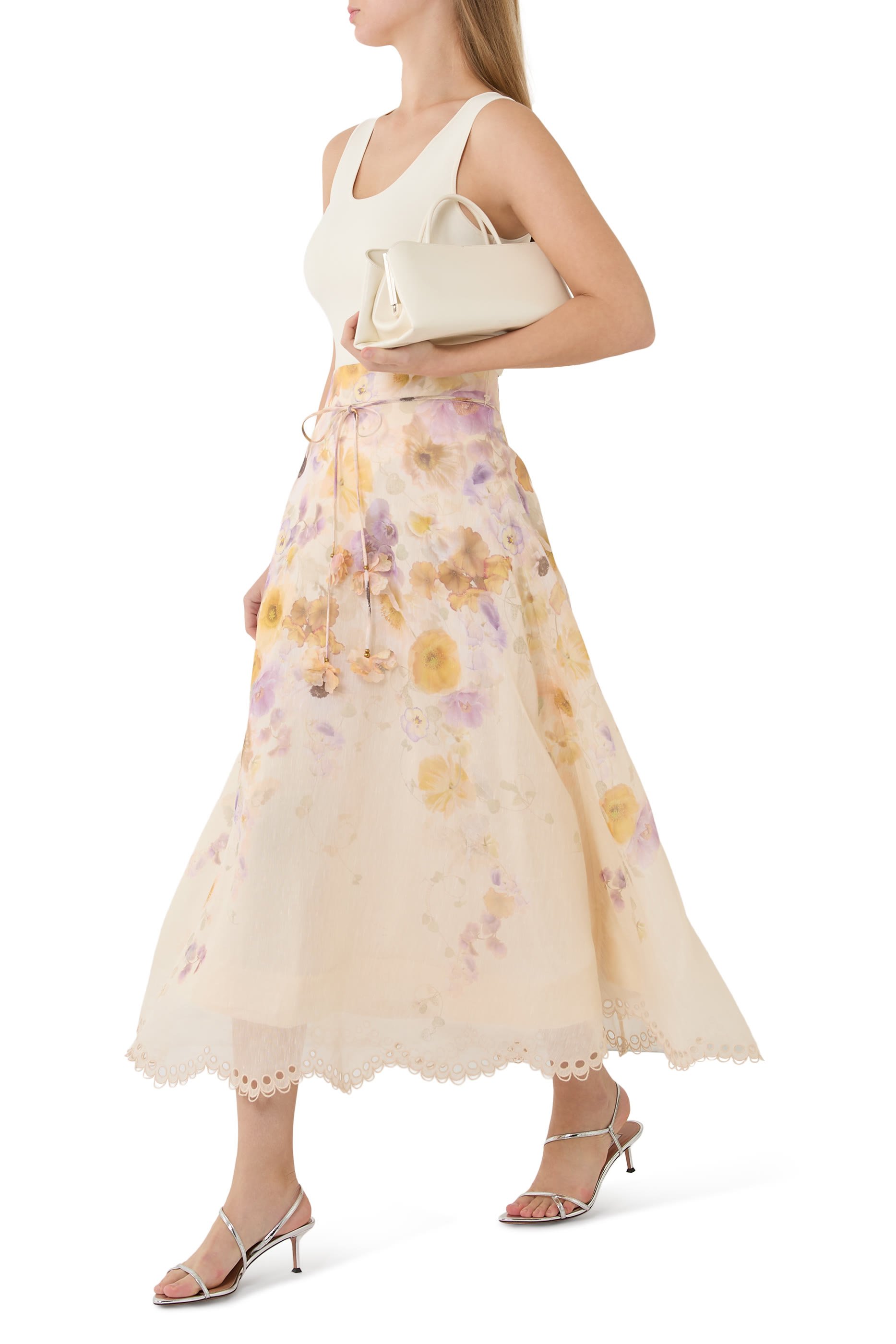 تنورة متوسطة الطول بنقشة زهور حرير