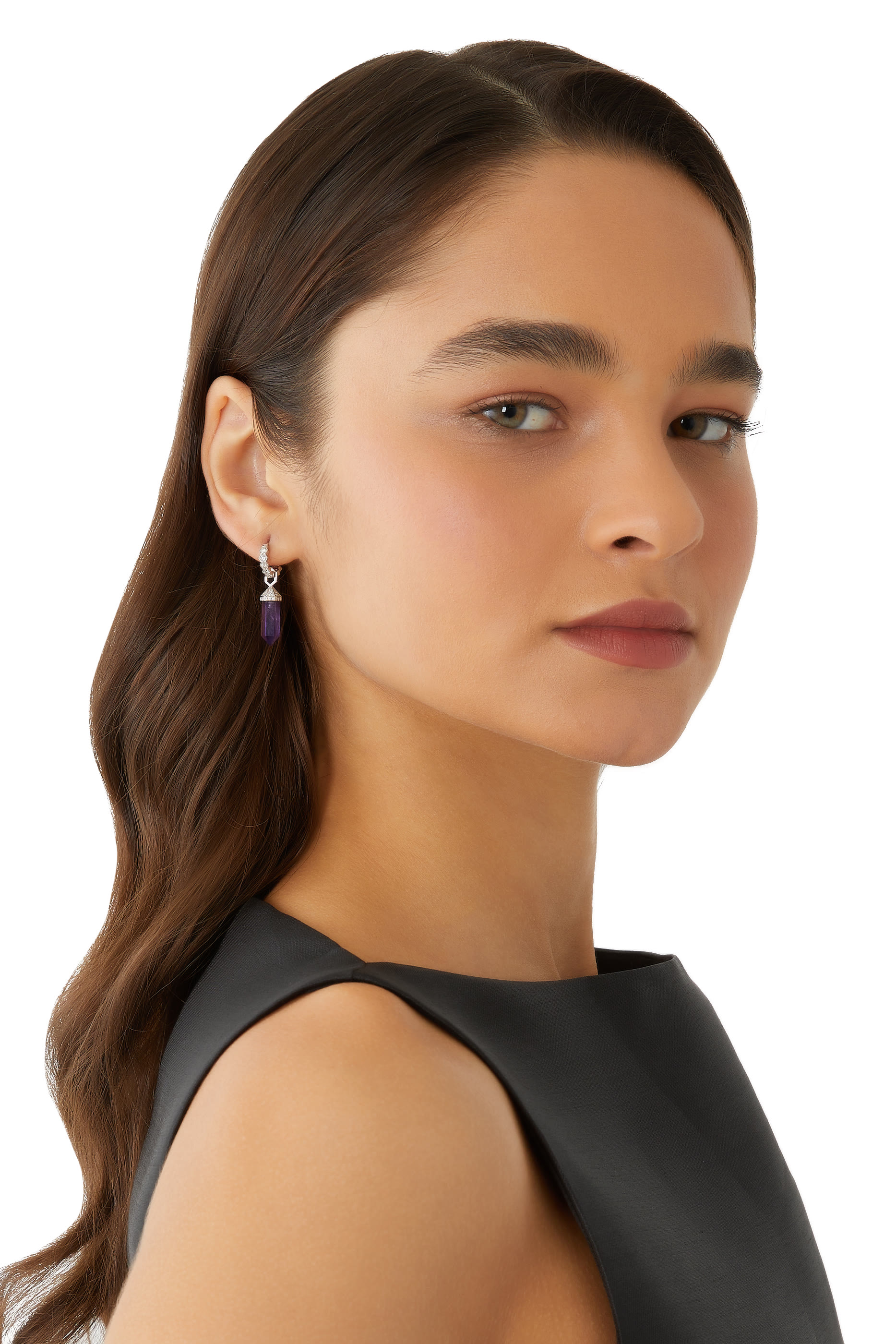 قرط منفرد شاكرا صغير مرصع بالماس والجمشت ذهب أبيض عيار 18