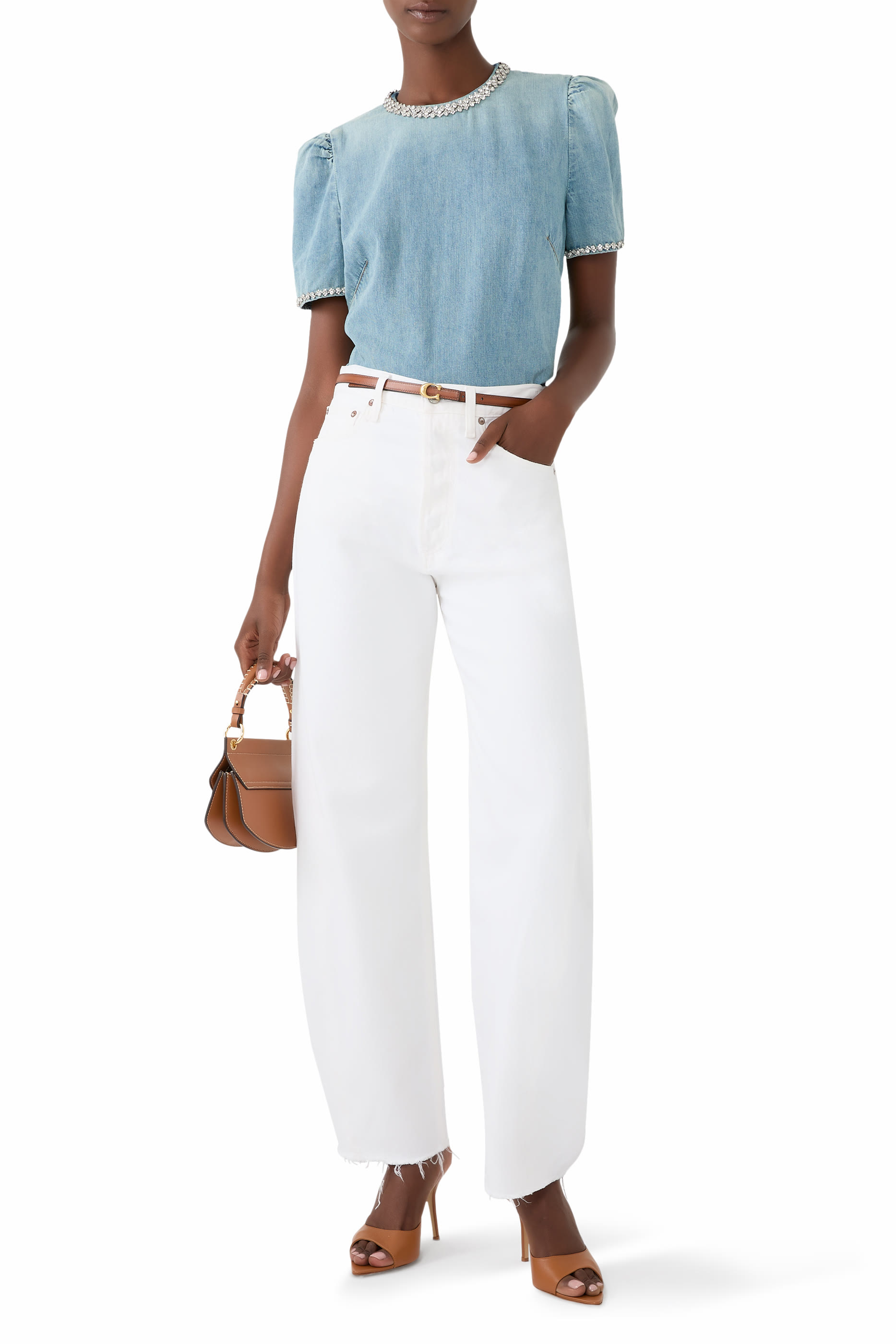 بلوزة دنيم كراش بتصميم مزموم مرصعة بكريستال