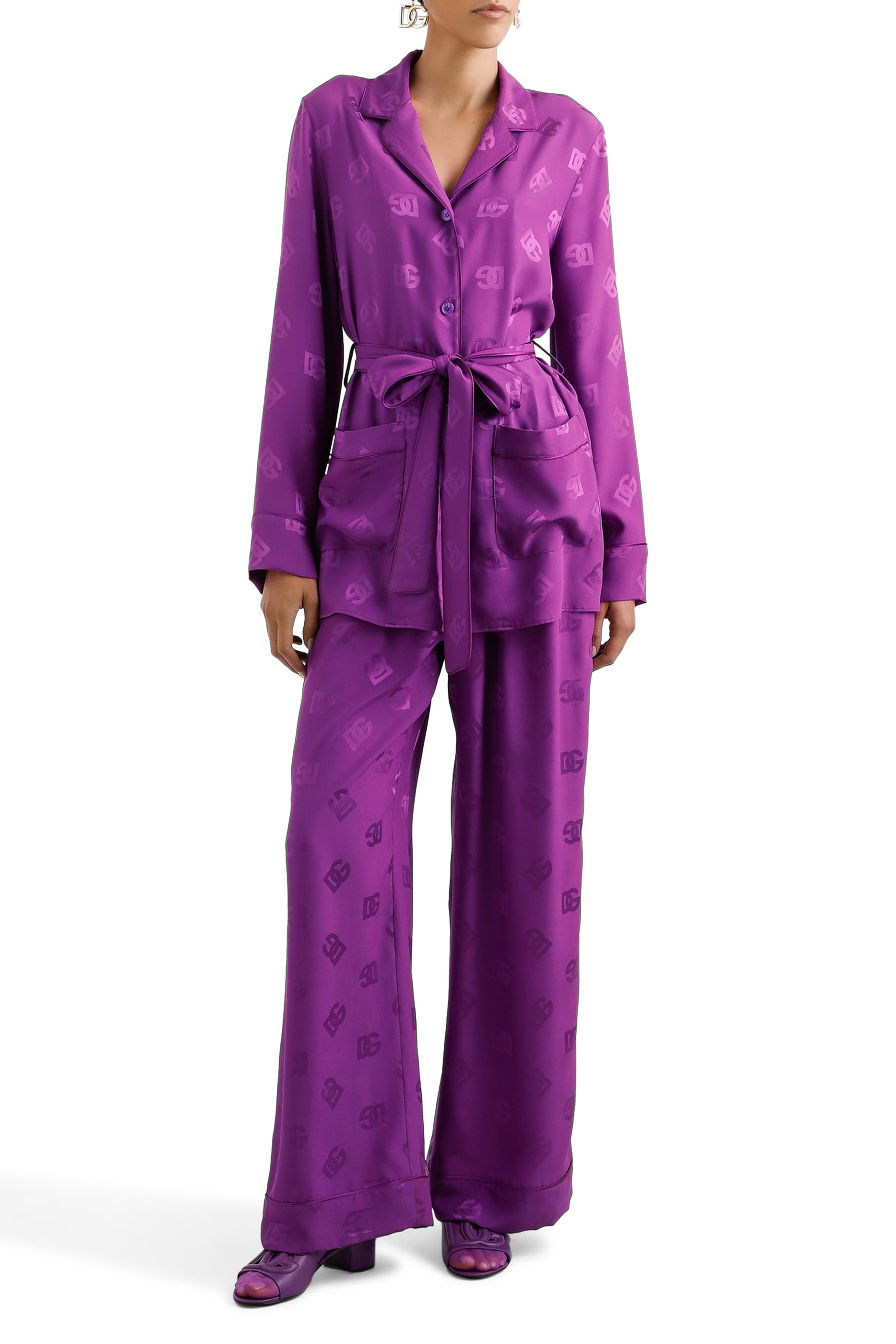 بنطال بيجامة بطبعة حرفي شعار الماركة حرير ساتان جاكار