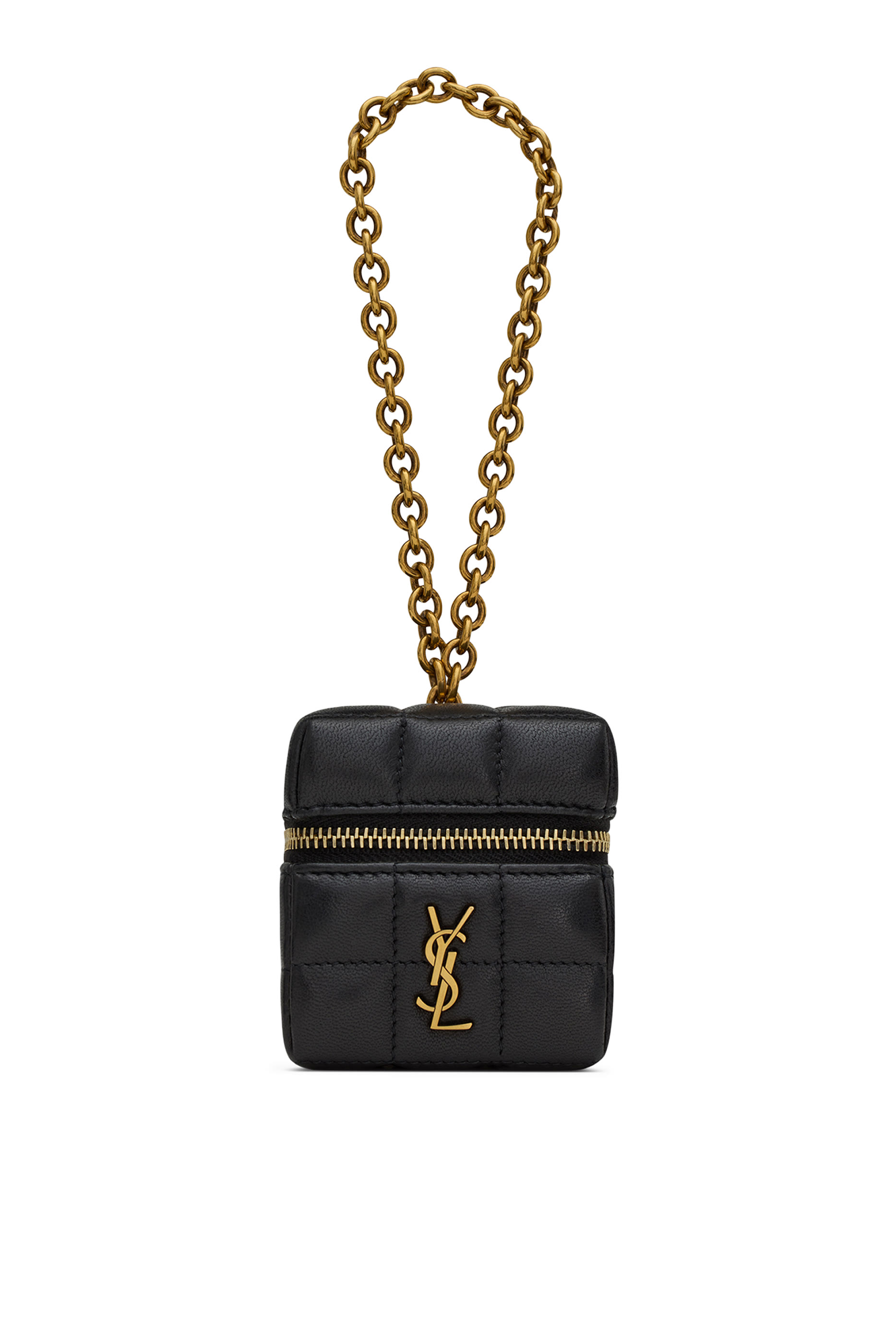 حقيبة صغيرة بتصميم مكعب بحياكة مبطنة وشعار الماركة وسلسلة جلد مبطن