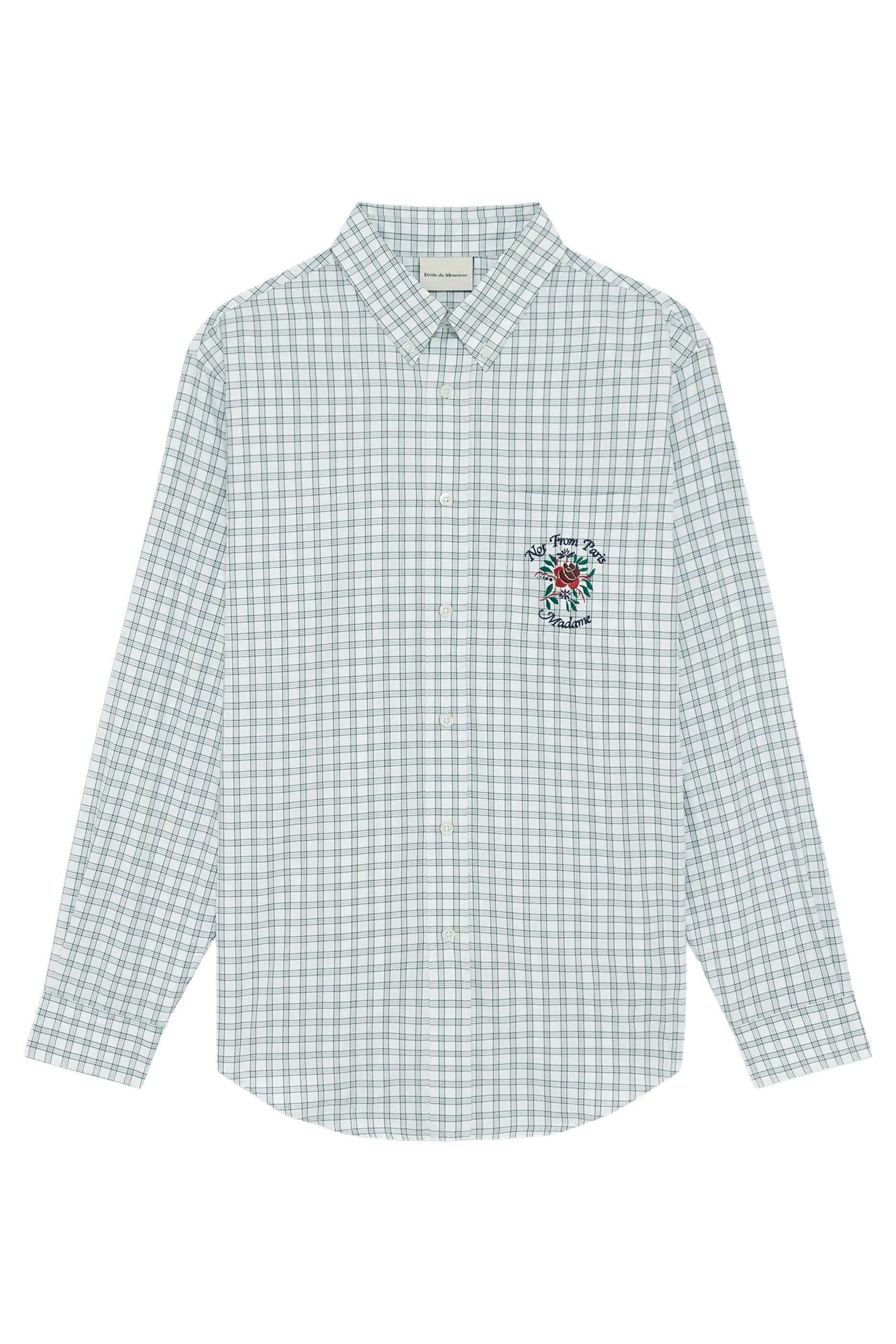 قميص بنقشة مربعات وتطريز شعار الماركة وزهرة