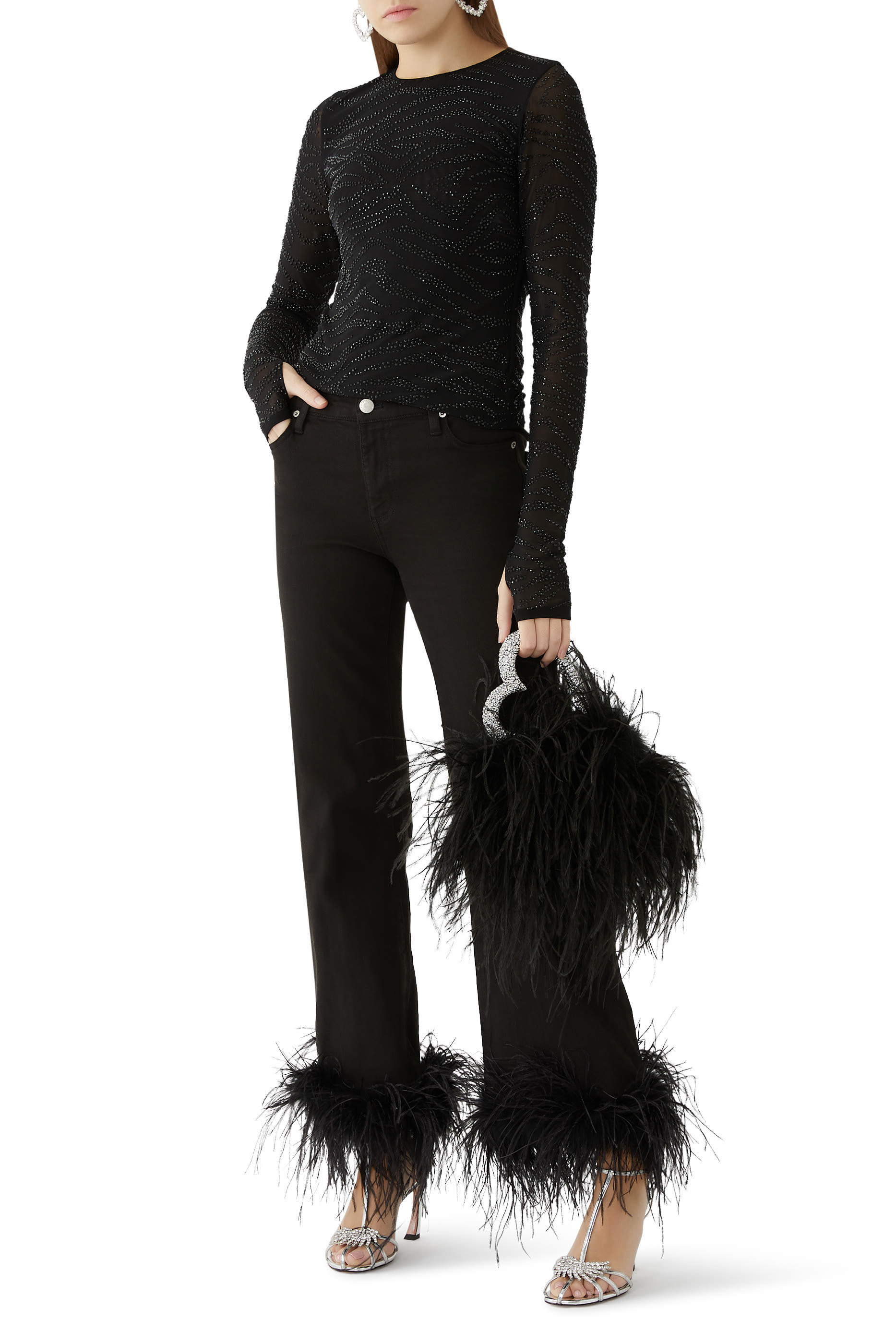 بنطال جينز روكسي بقصة واسعة بحواف مزينة بالفرو