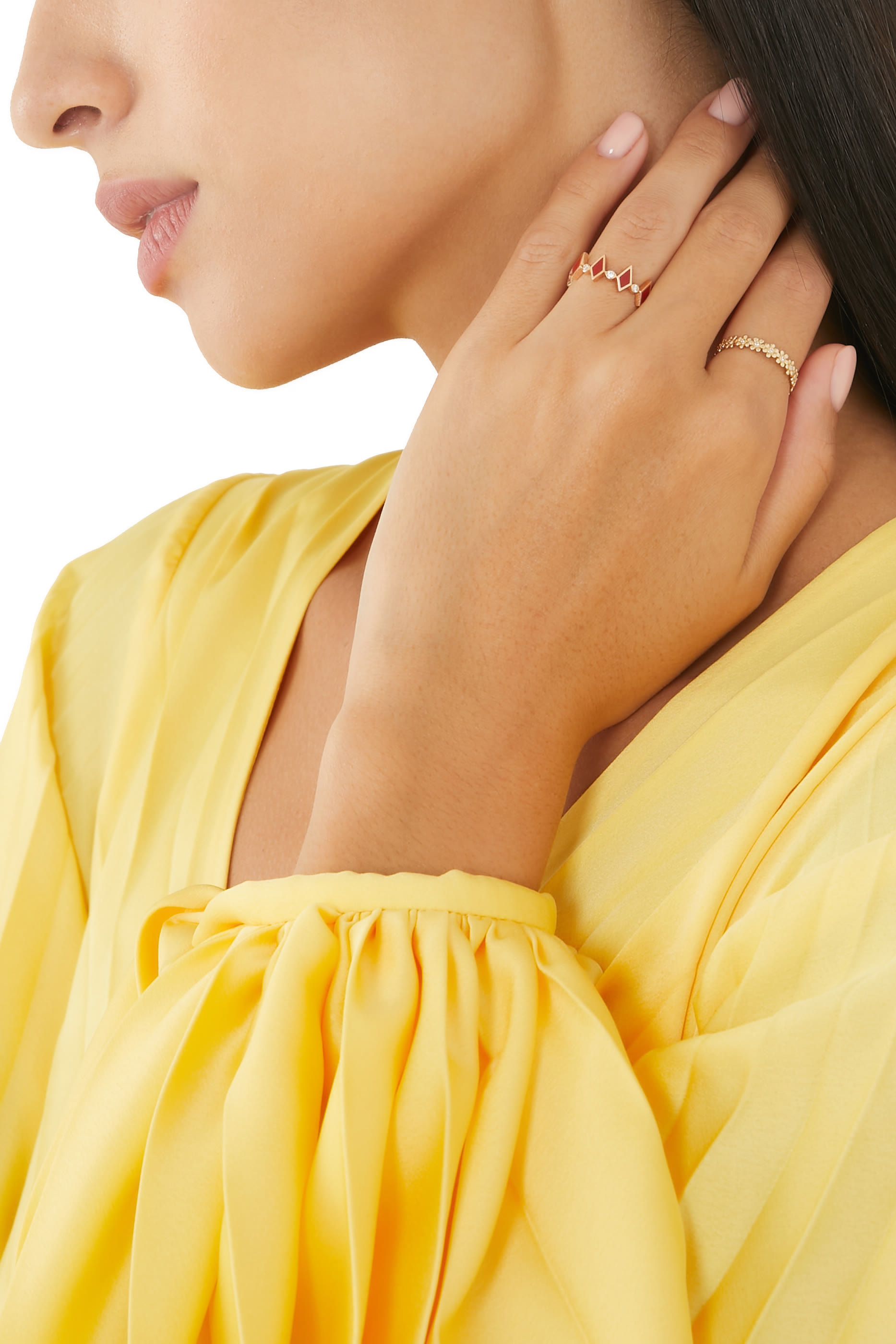 خاتم موزاييك مرصع بالماس بمينا حمراء ذهب وردي عيار 18