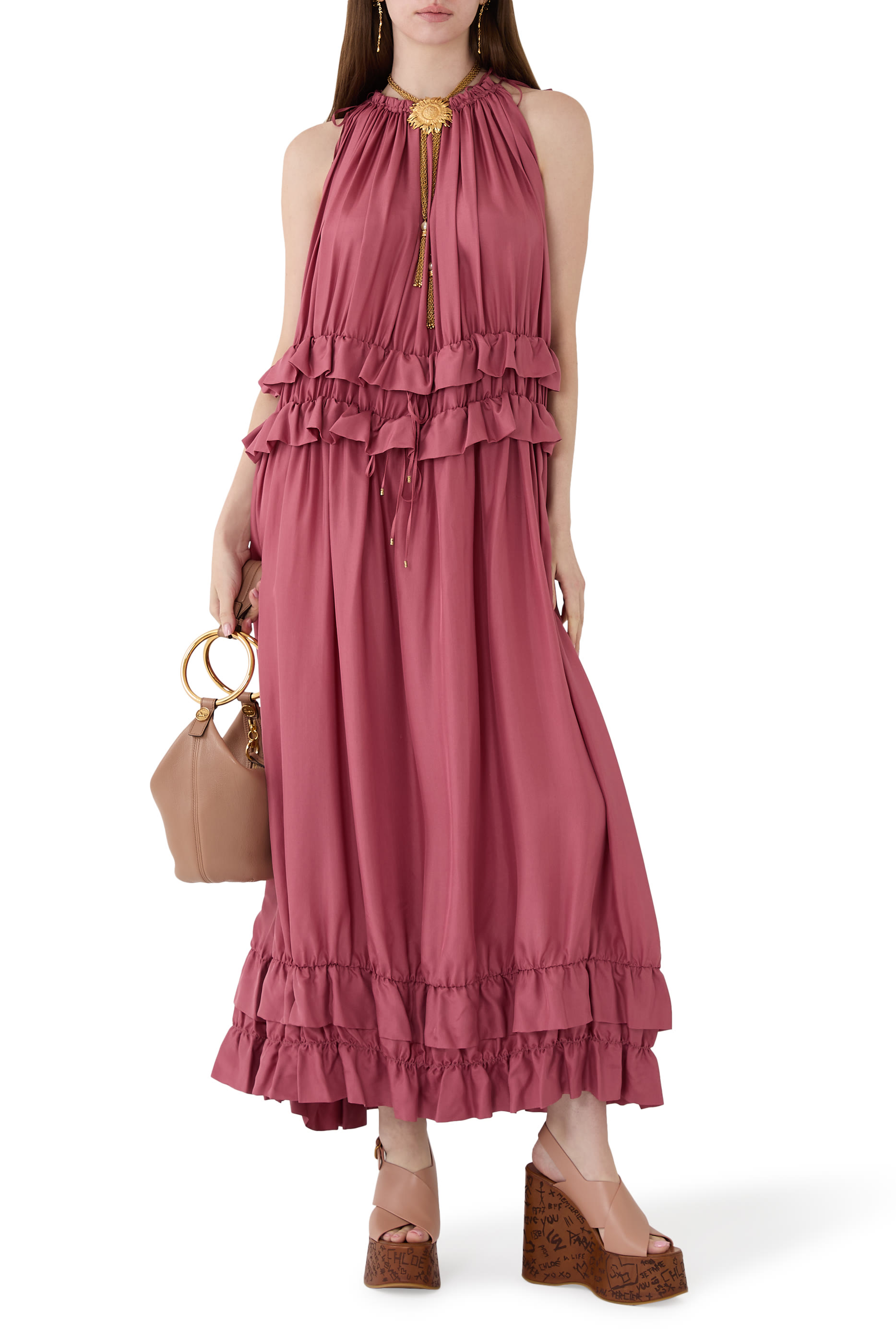 فستان طويل بلا أكمام حرير بونجي بلون باهت