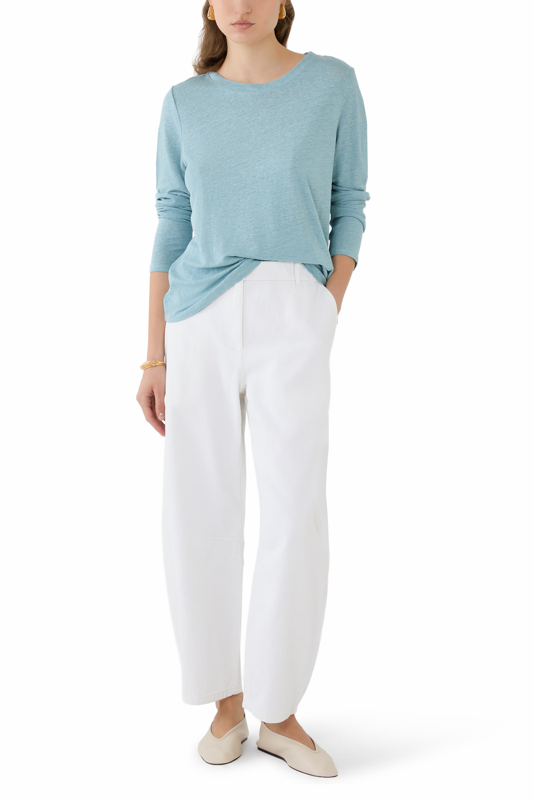 بنطال بتصميم عملي بقصة ساق واسعة قطن مصبوغ