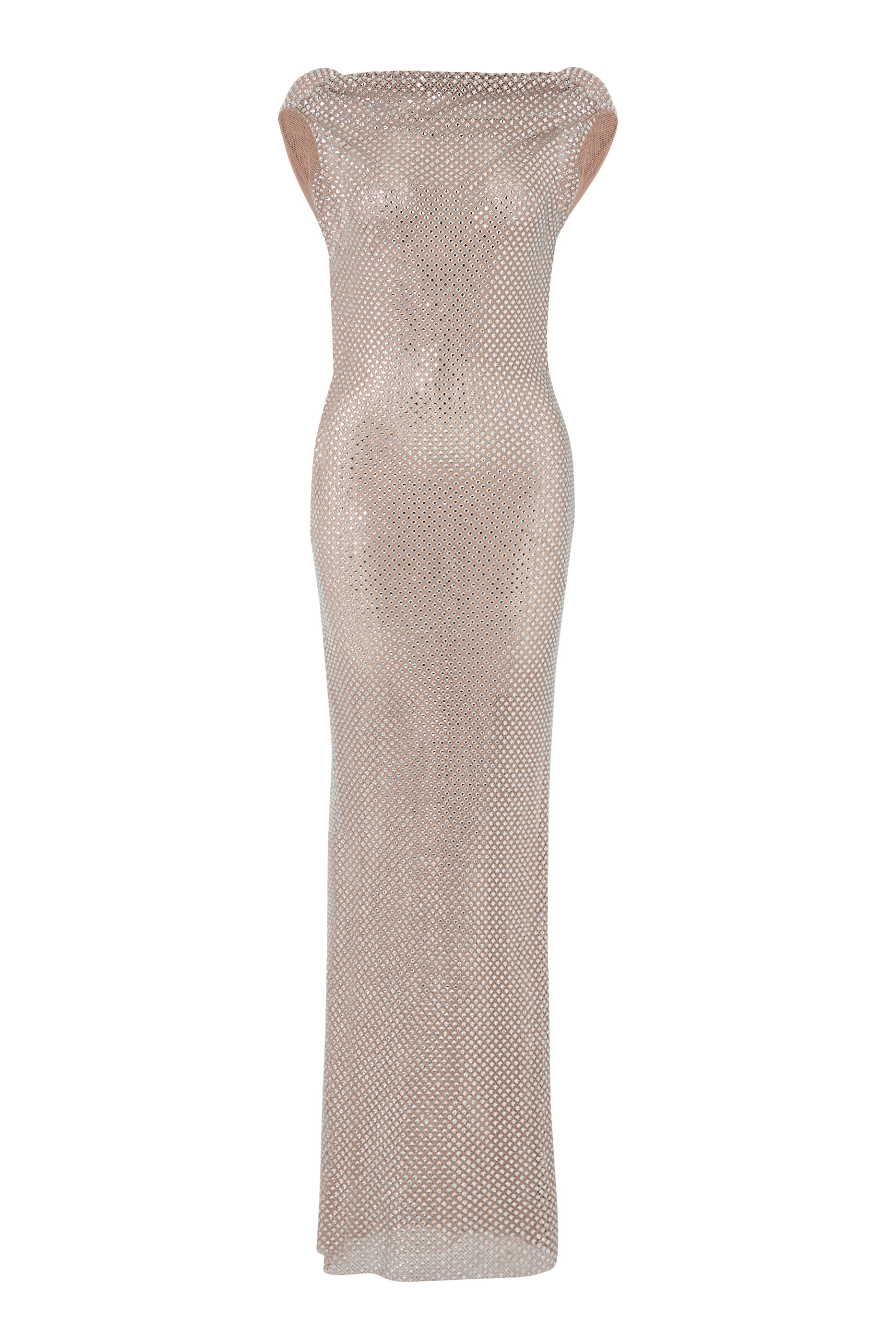 فستان طويل درابيه مزين بأحجار الراين