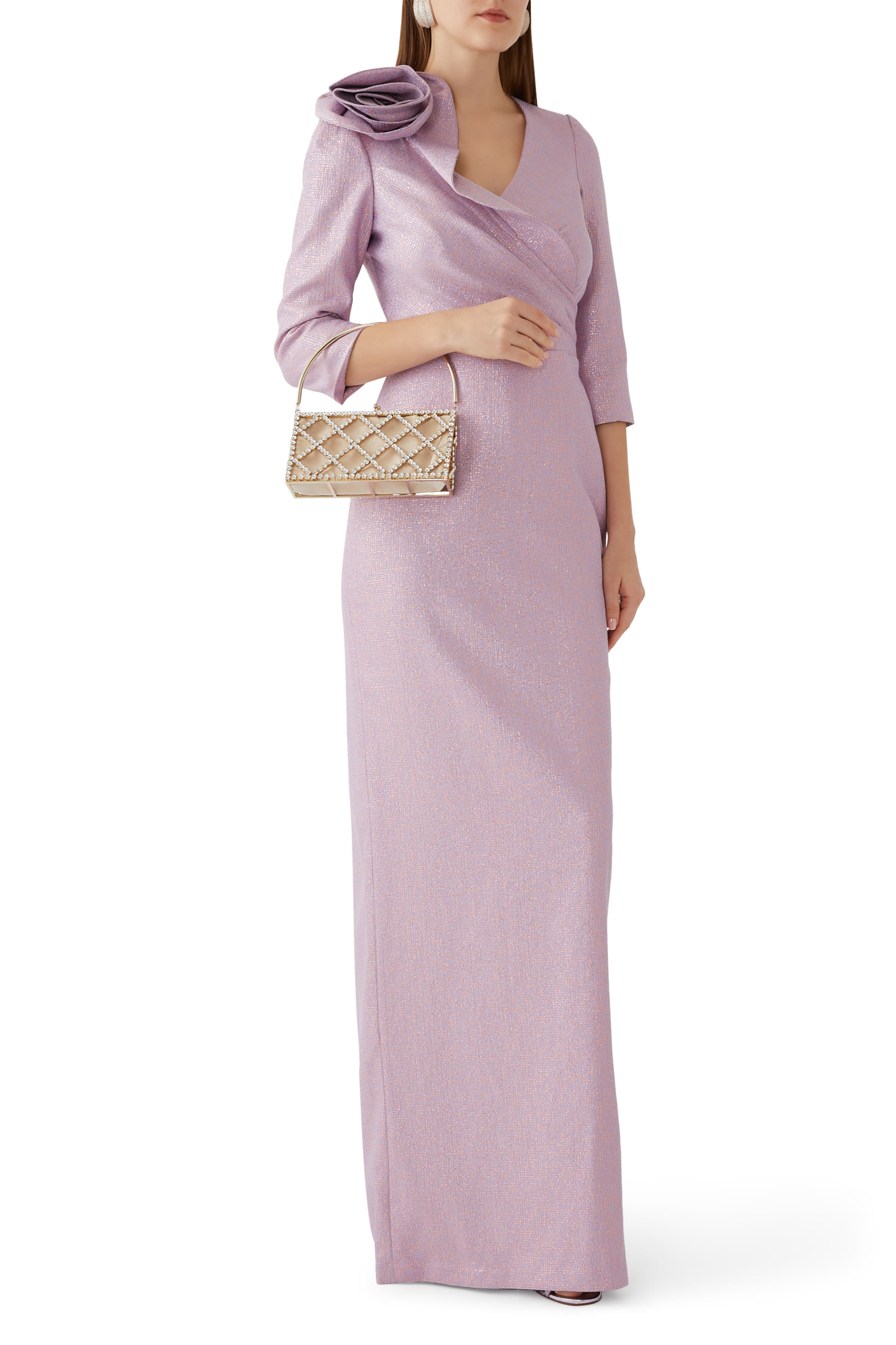 فستان سهرة بقنشة زهور جاكار لامع بنمط نقاط متناثرة