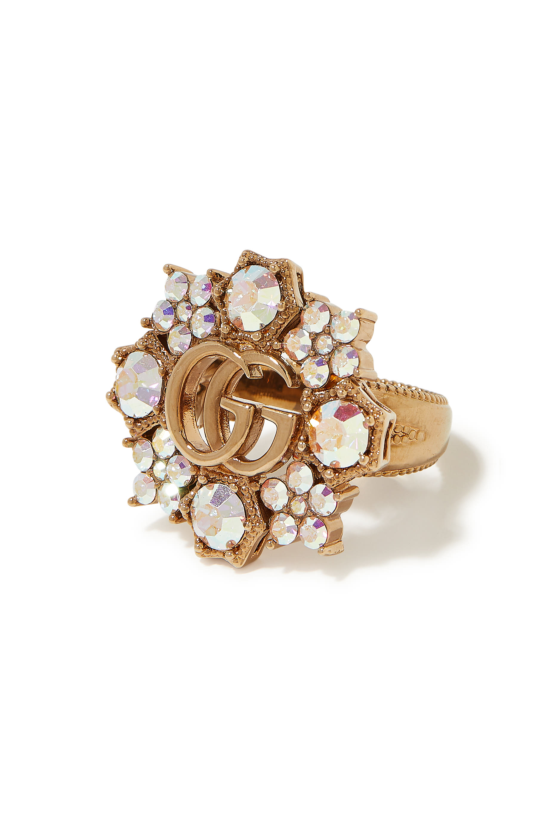 خاتم بتصميم زهرة بحرفي شعار الماركة مرصع بالكريستال معدن مطلي بالذهب