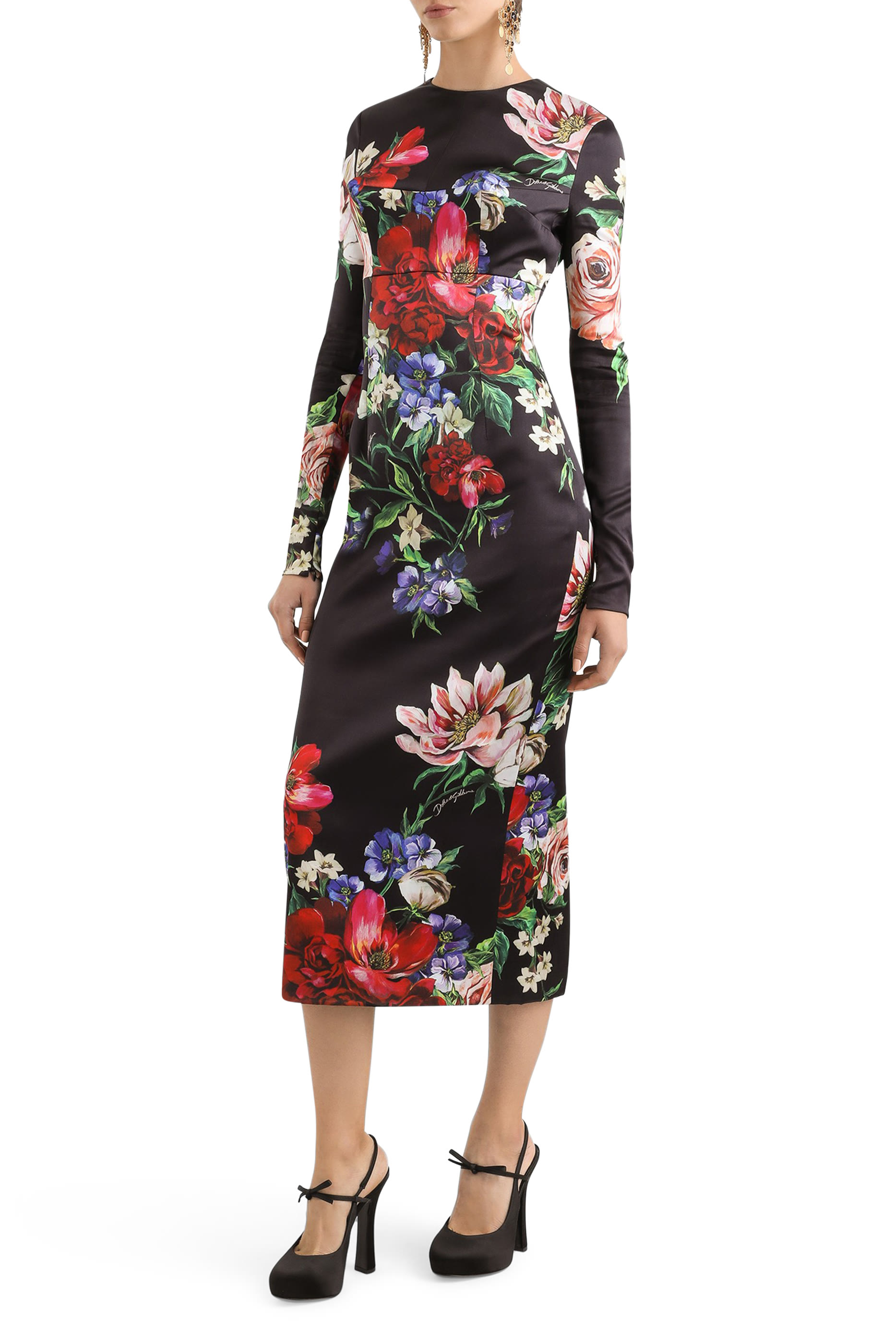 فستان متوسط الطول بياقة مستديرة ونقشة ستان