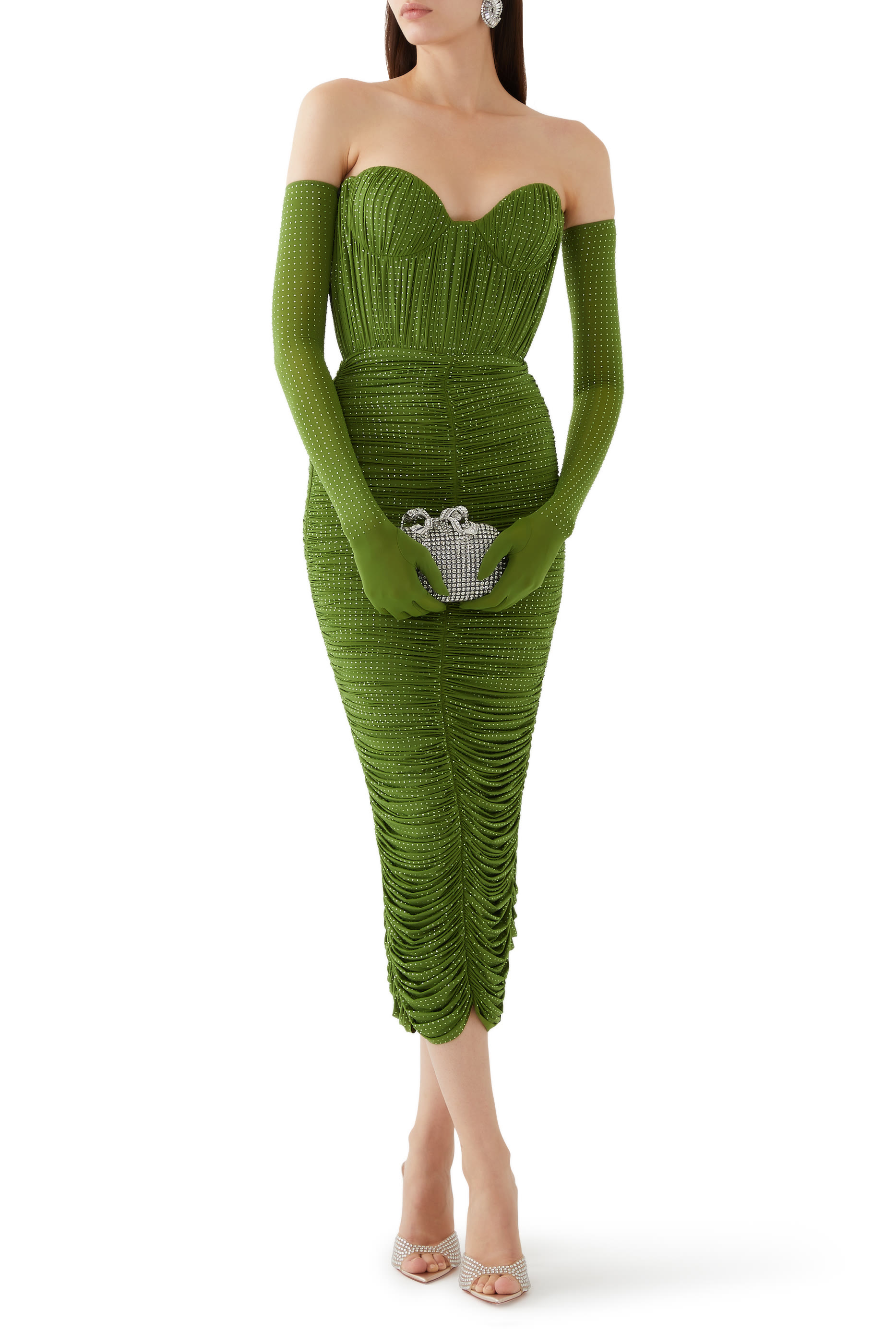 فستان بدون حمالات بكشكش مرصع بكريستال