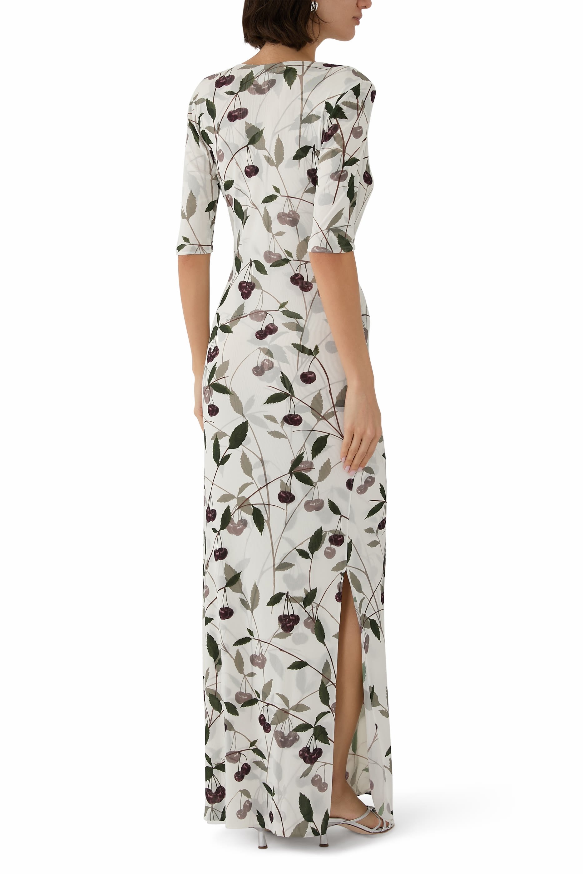 فستان متوسط الطول بأكمام قصيرة ونقشة كرز قماش شبكي