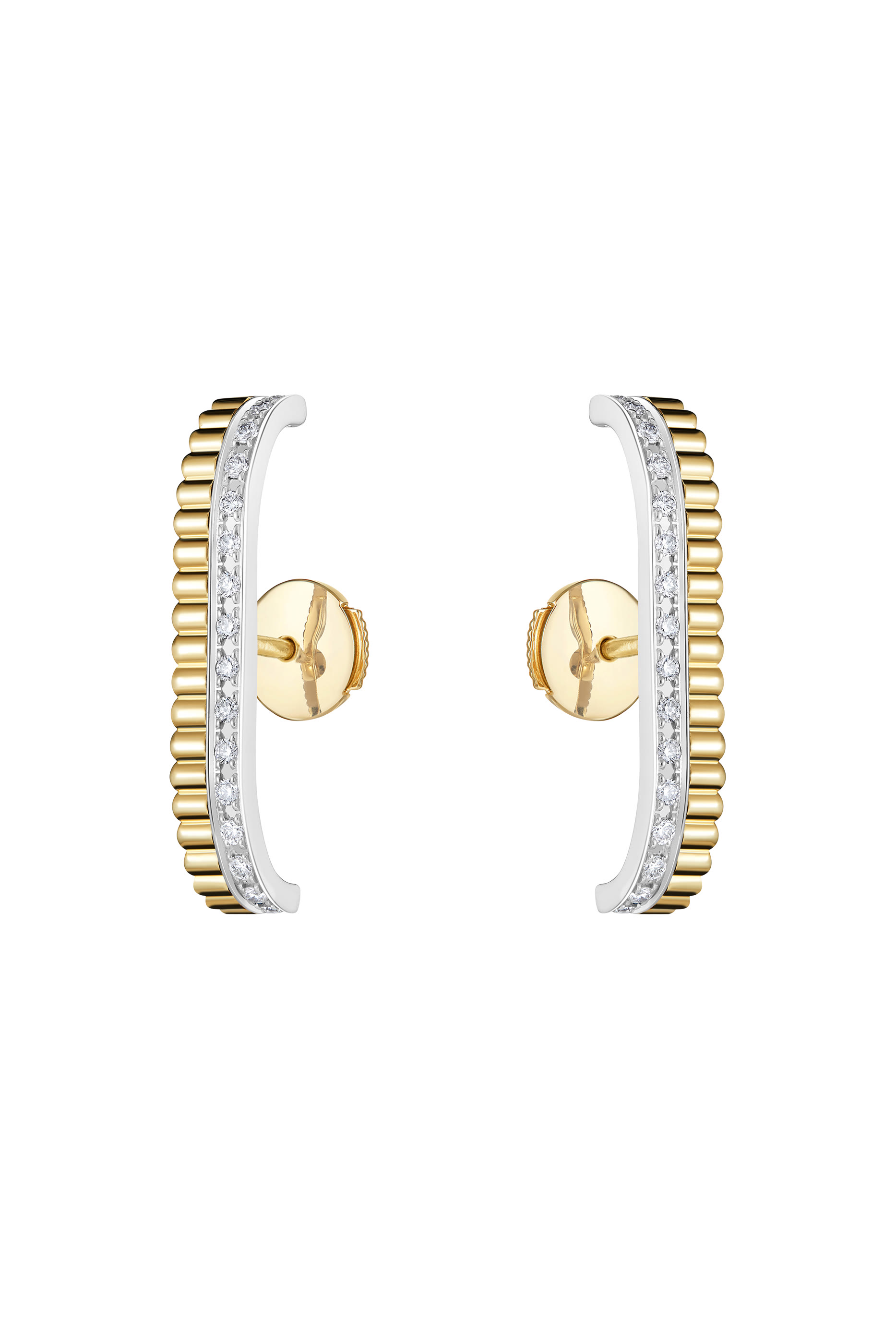 أقراط كاتر دائرية بارزة الملمس مرصعة بماس، ذهب أبيض وأصفر عيار 18