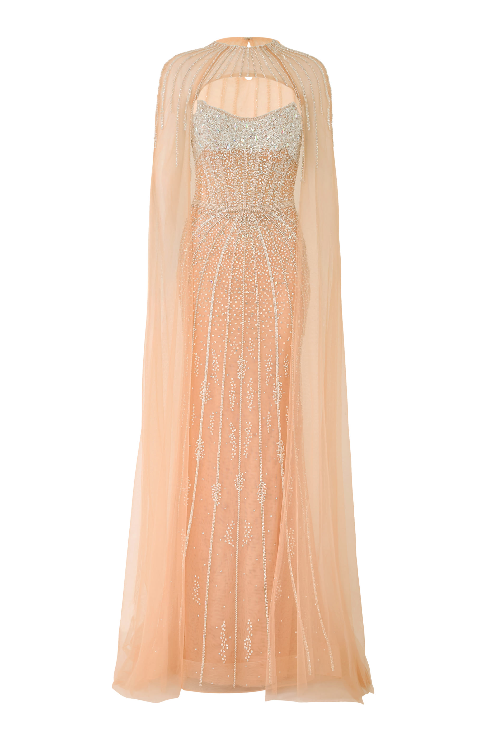 فستان سهرة إليغنت بياقة عالية وكاب وصدرية مزينة بخرز