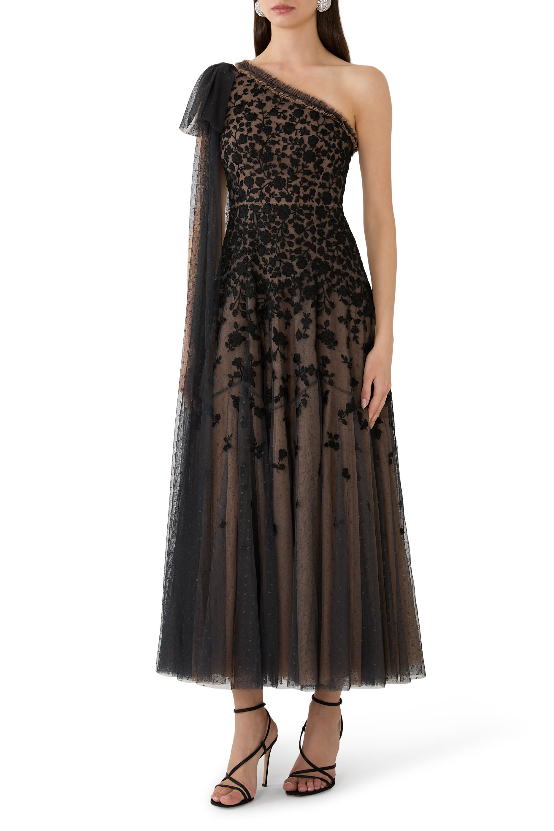 Sylvia Rose One-Shoulder Bow Ankle Gown