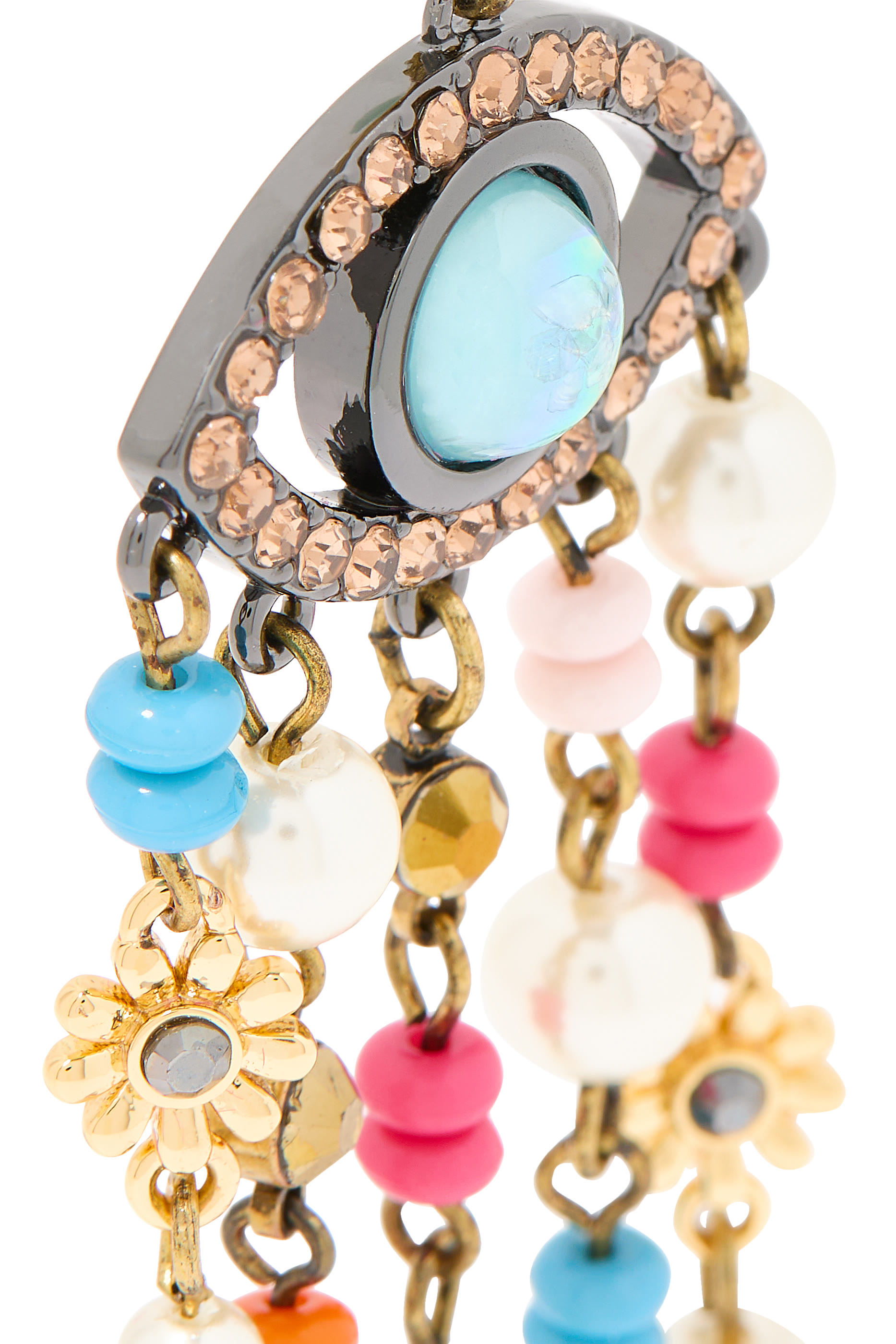 Beaded Eye Earrings, Brass & Faux Pearls, Crystals, Floral Motifs