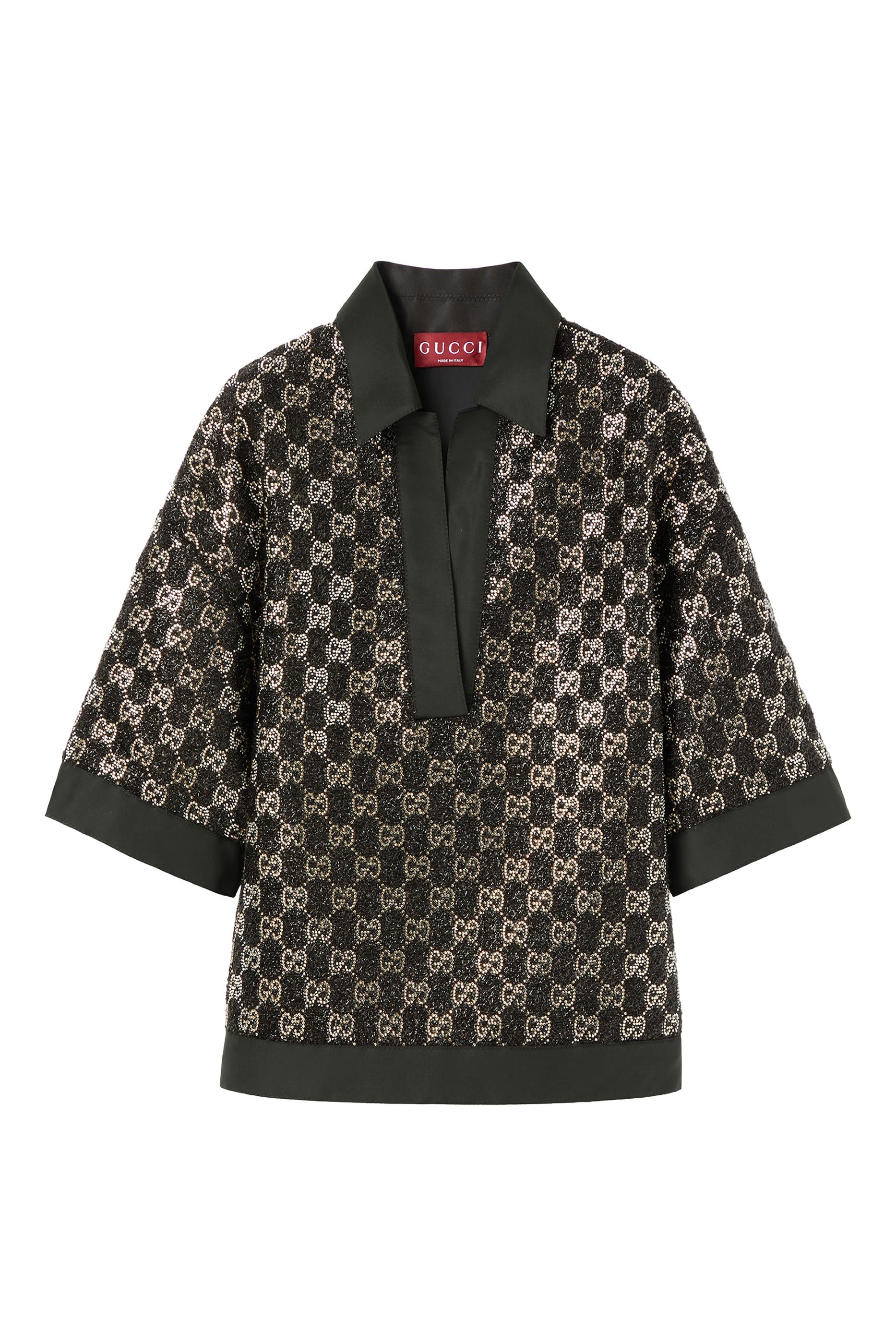 بلوزة صوف تويد لامع بنقشة حرفي شعار الماركة