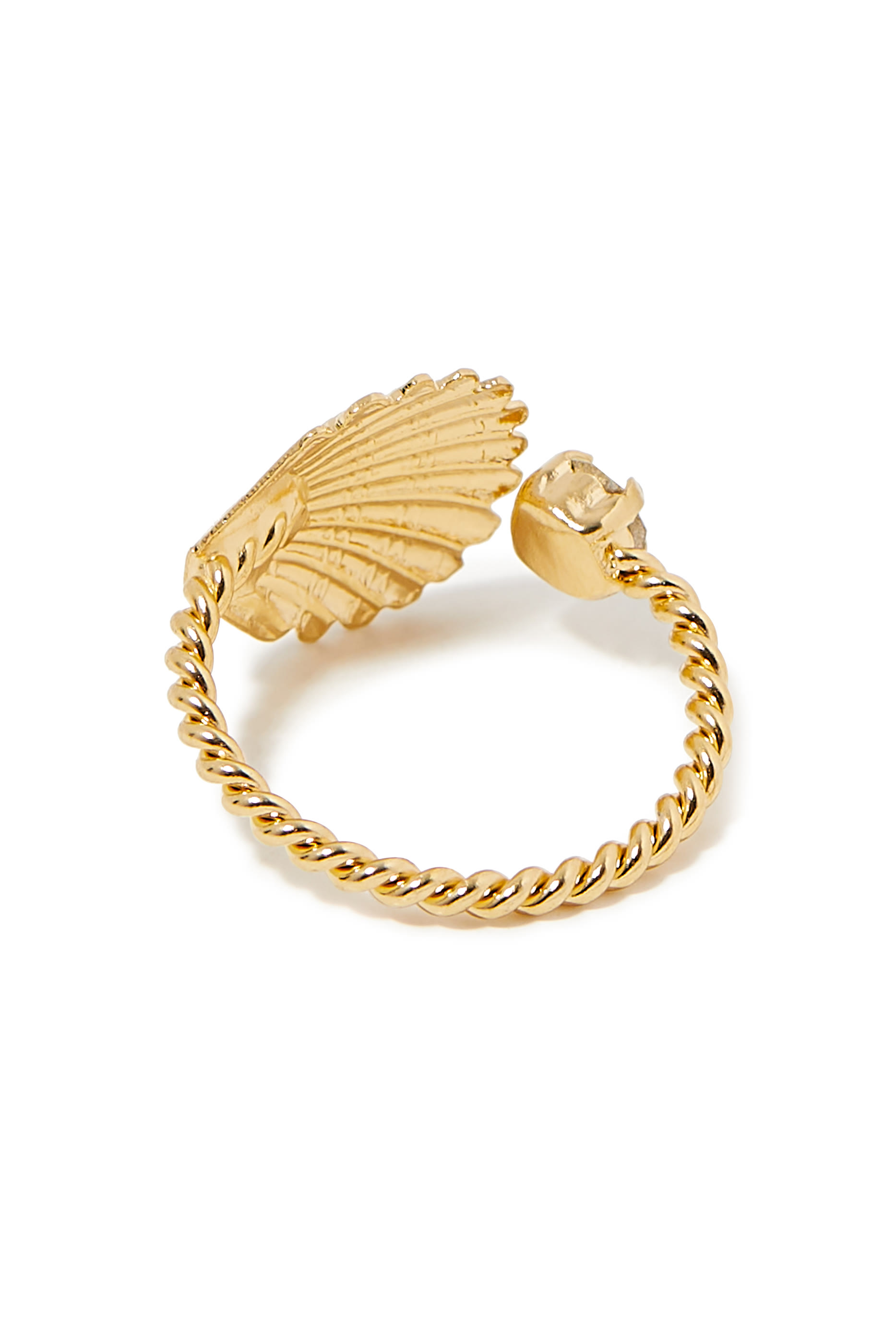 خاتم صغير بتصميم صدفة مرصع بالكريستال نحاس مطلي بذهب عيار 18