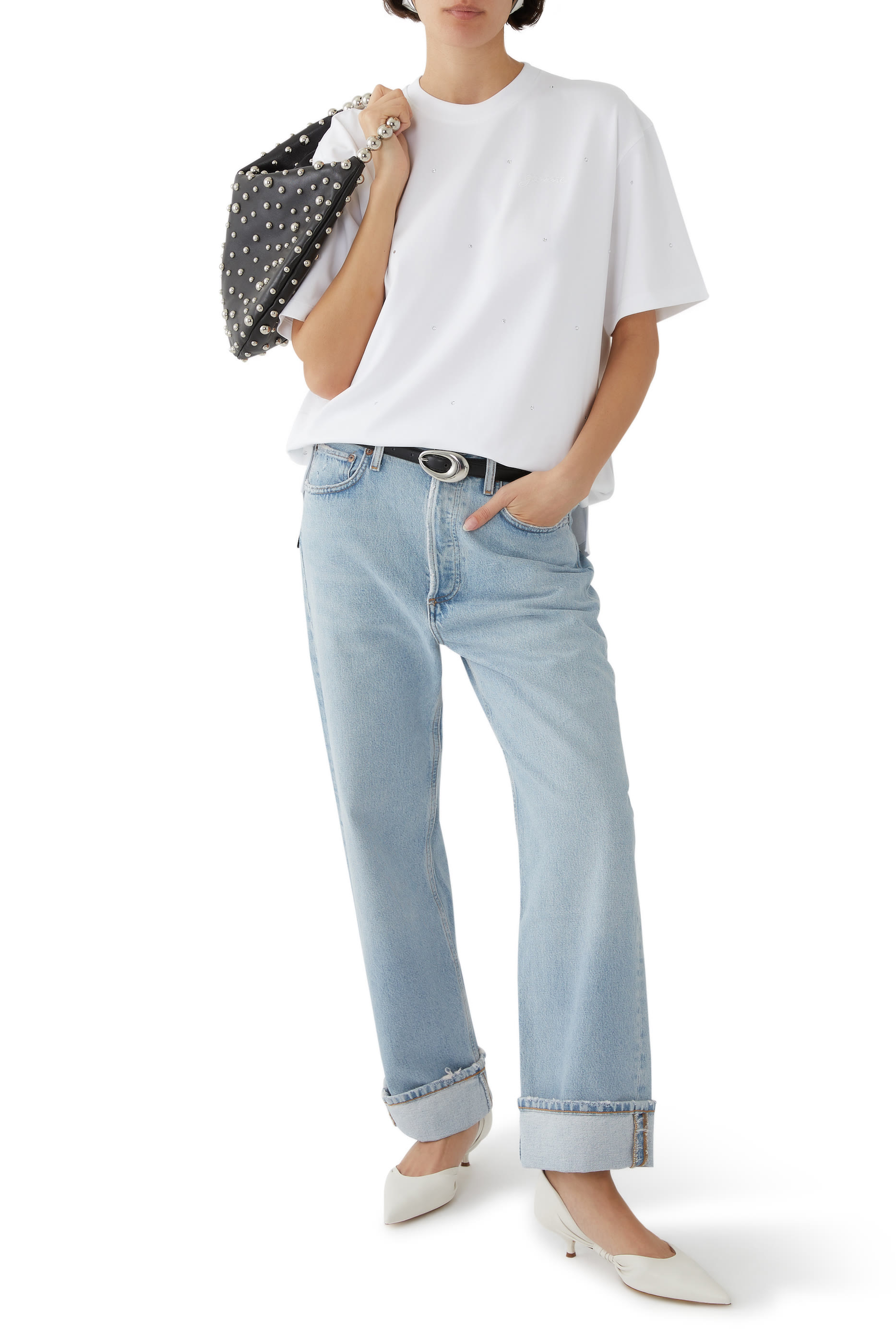 تيشيرت بأكتاف منسدلة مرصع بأحجار الريان قطن ثقيل