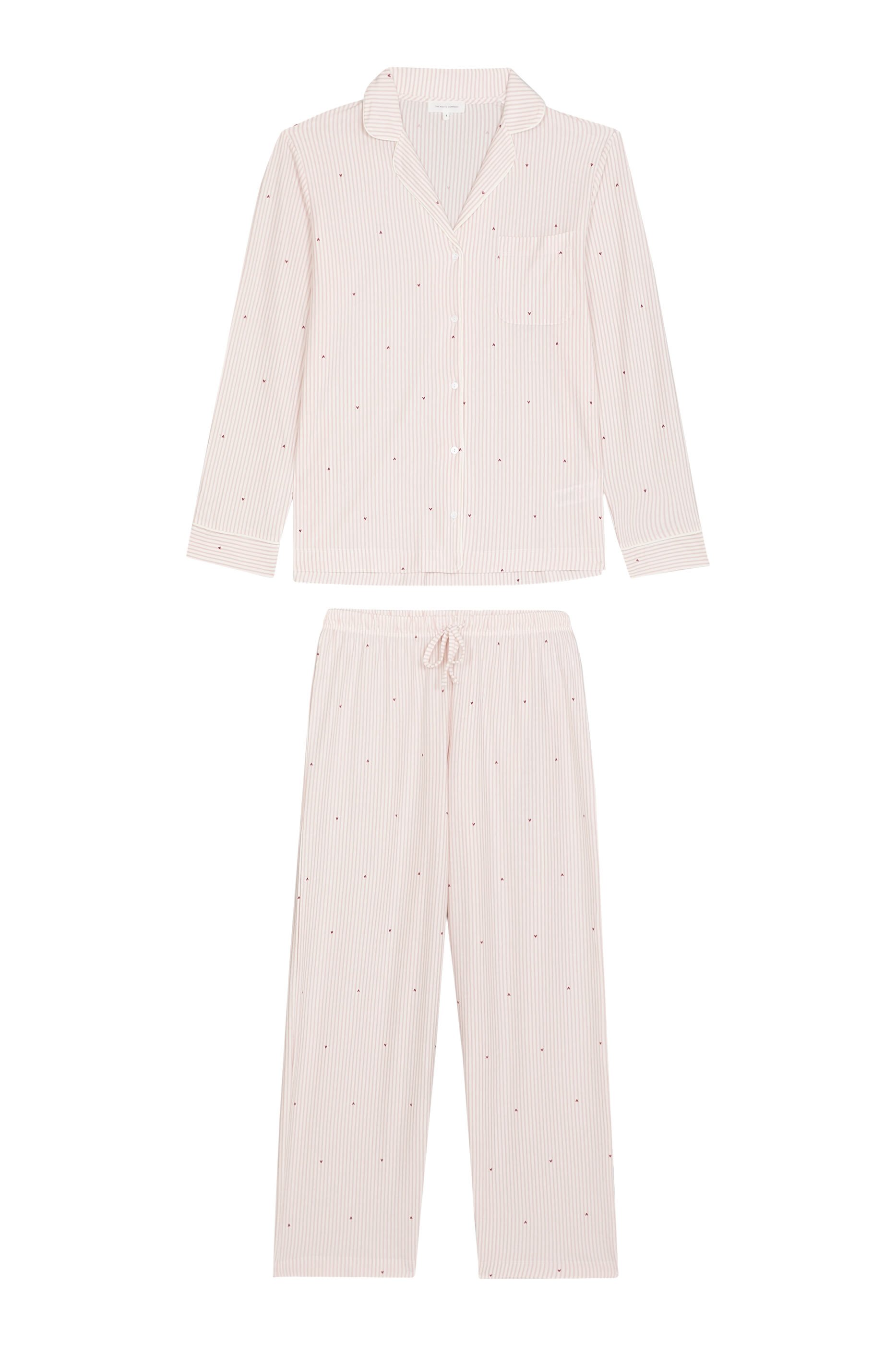 طقم بيجامة كلاسيكية مخططة بنقشة قلوب، قطن عضوي 