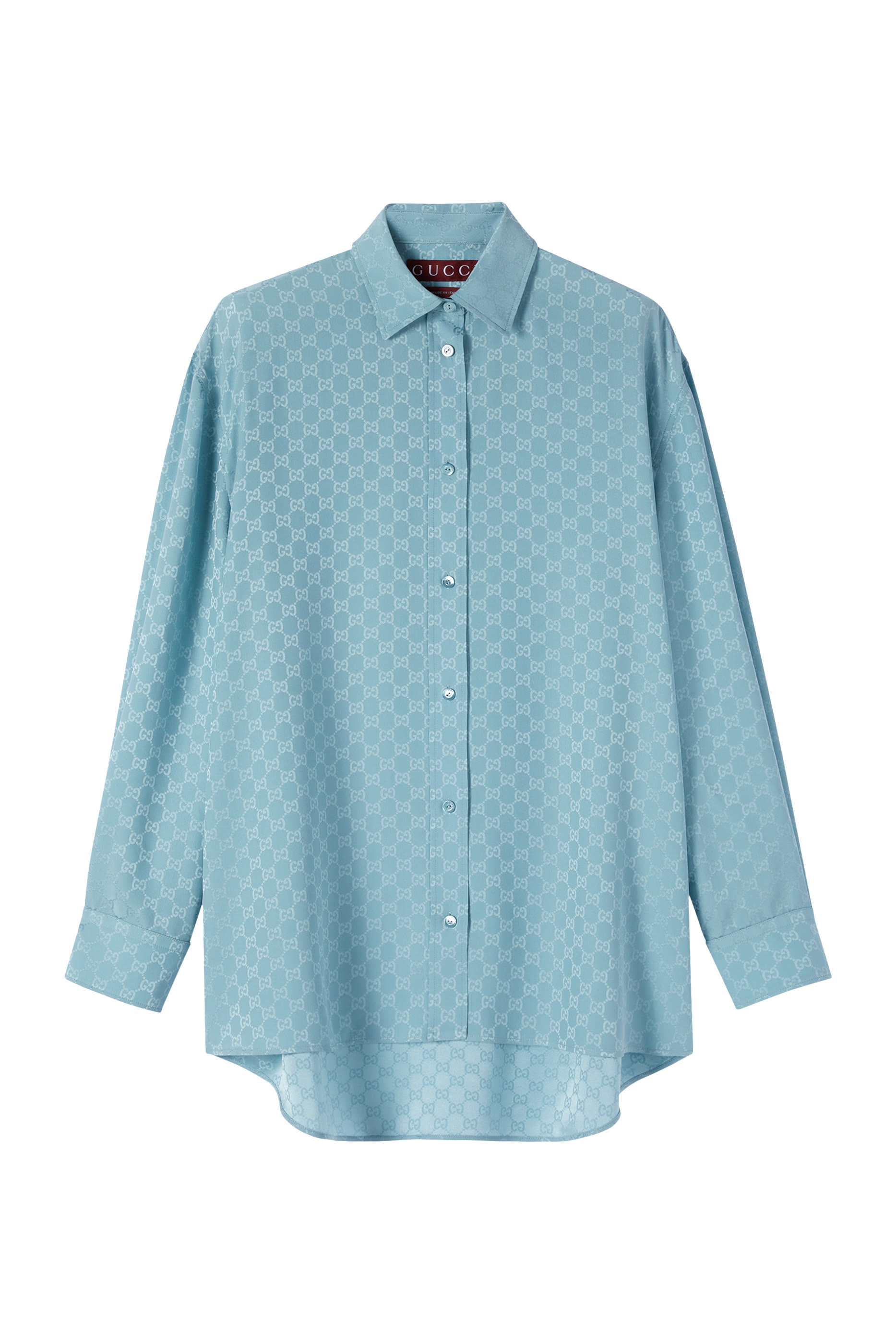 قميص مزين بشعار الماركة بقصة فضفاضة حرير جاكار