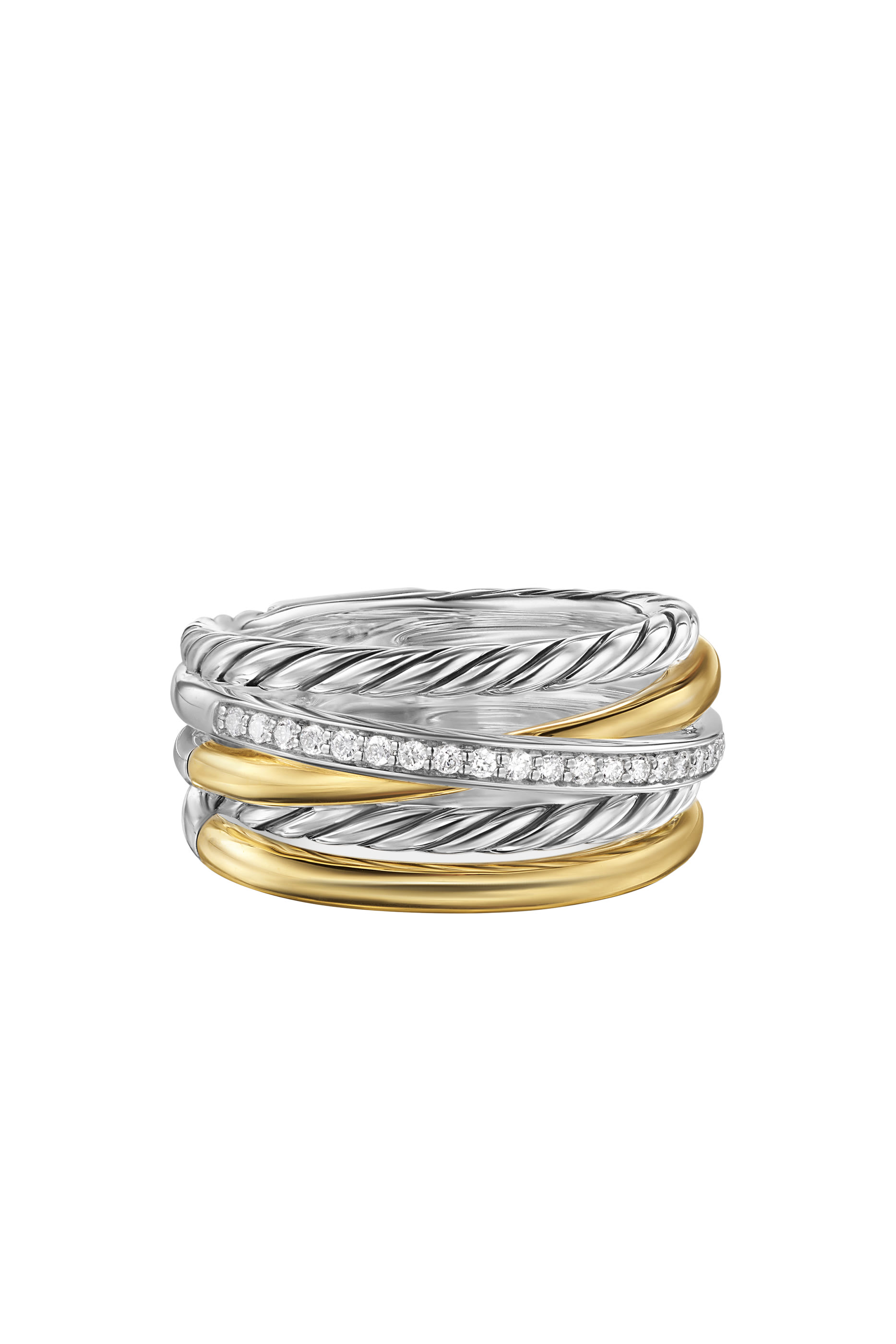 خاتم بتصميم خمسة حلقات متقاطعة مرصع بماس، فضة استرلينية وذهب أصفر عيار 18