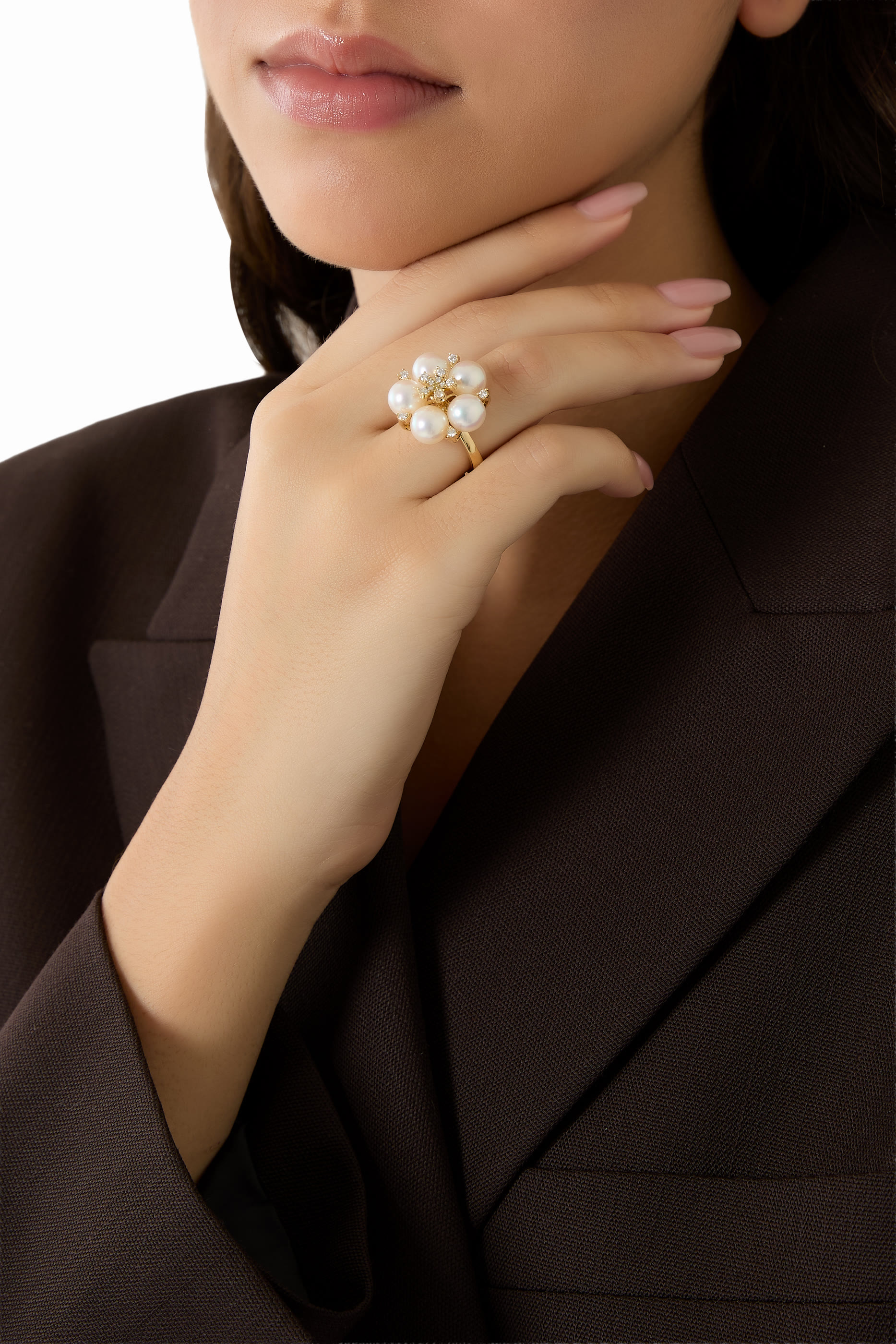 خاتم راين دروب بتصميم زهرة مرصع بكريستال ولؤلؤ، ذهب أصفر عيار 18