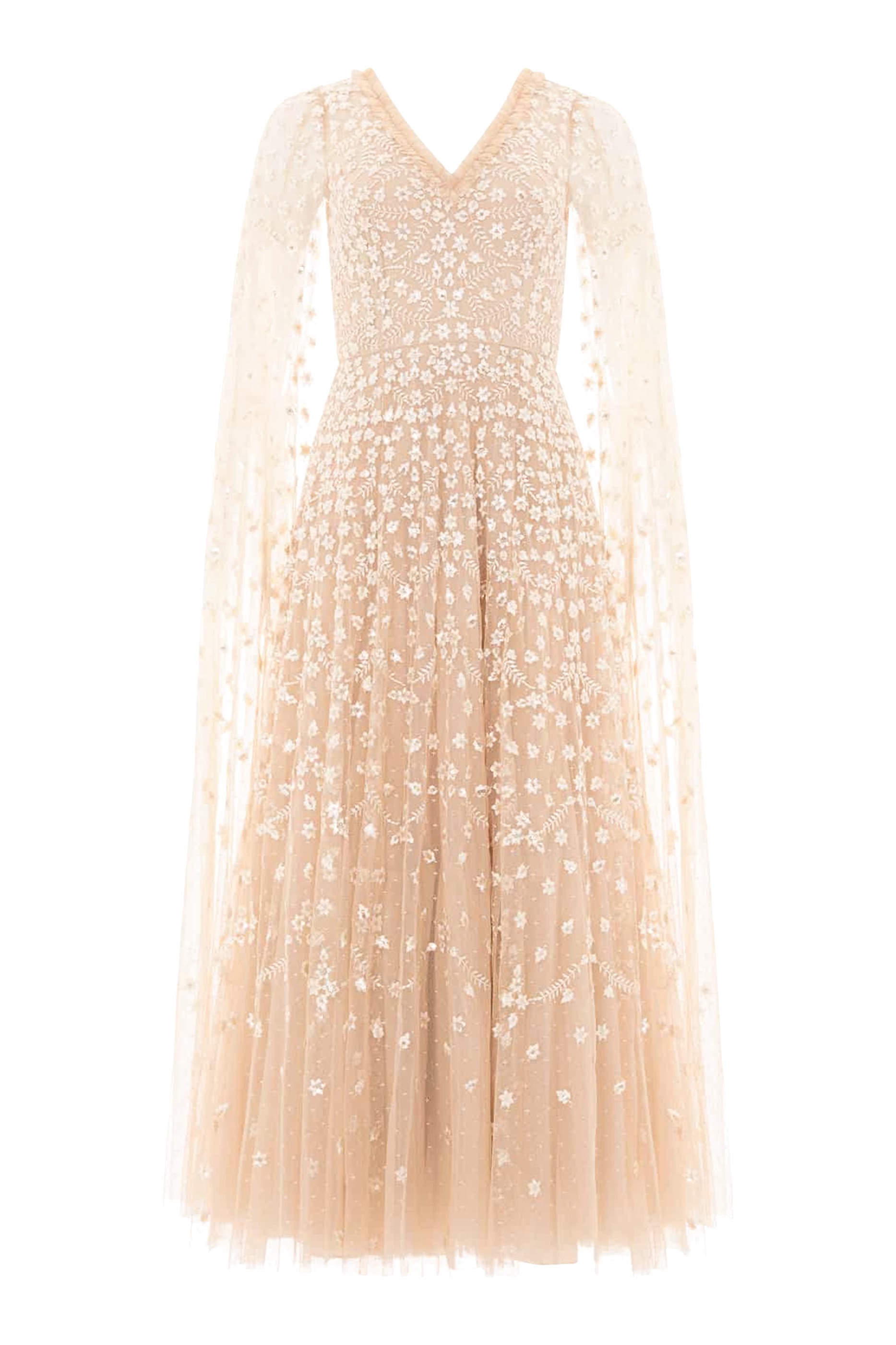 فستان سهرة بقصة بطول الكاحل بأكمام كاب وتطريزات بنقشة زهرة البرسيم