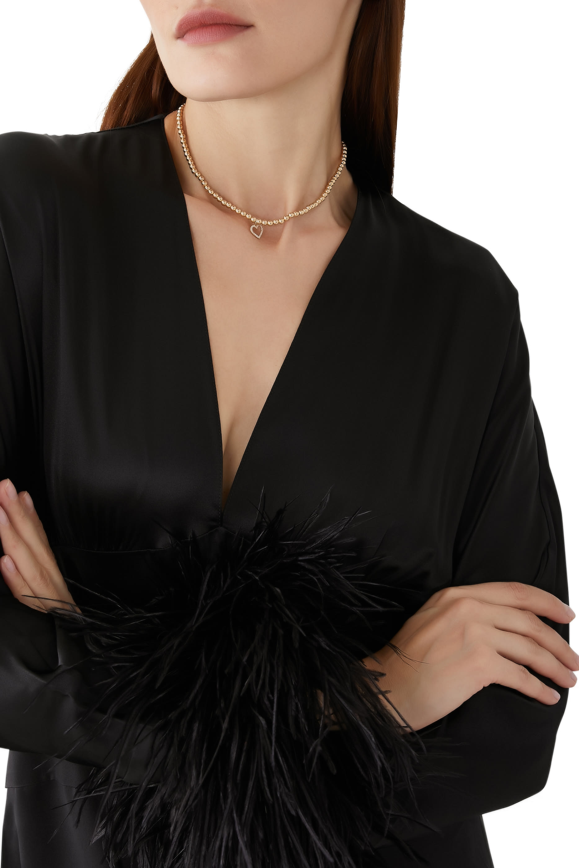 قلادة رقبة بحلية قلب بخرز مرصعة بالماس، ذهب أصفر عيار 14