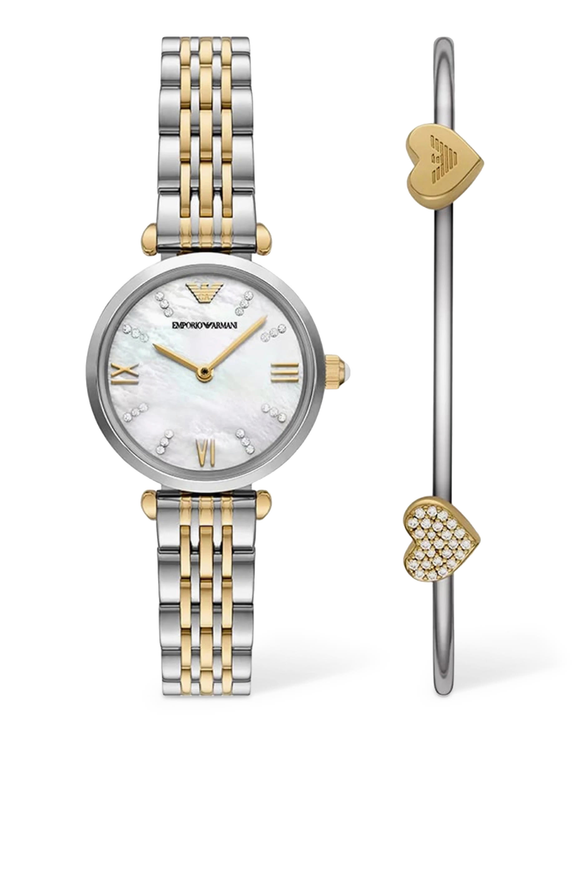 طقم سوار وساعة ثنائي اللون بعقربين ستانلس ستيل