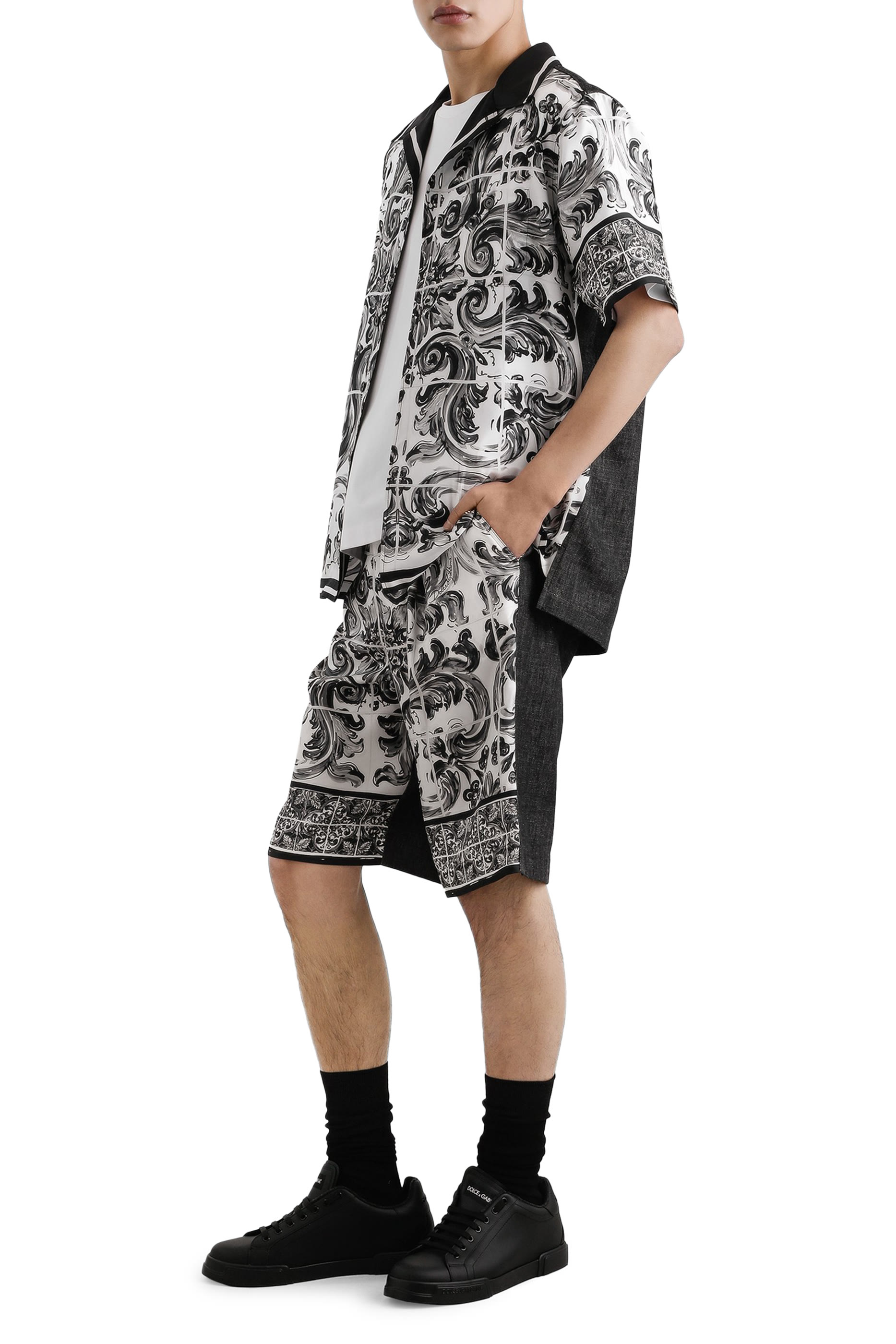 قميص بطبعات حرير وقطن دنيم