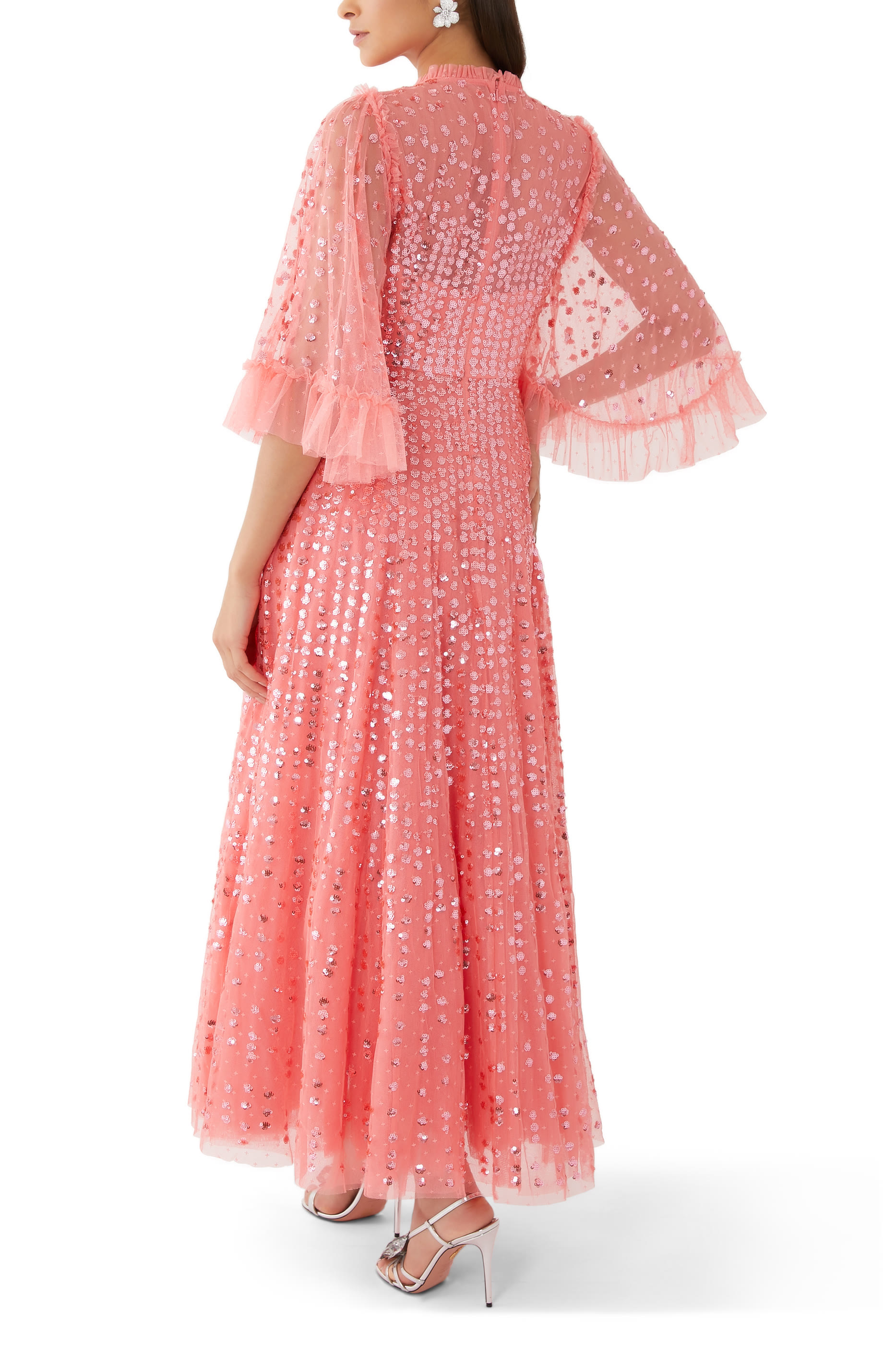 فستان سهرة رين دروب بطول الكاحل بأكمام قصيرة